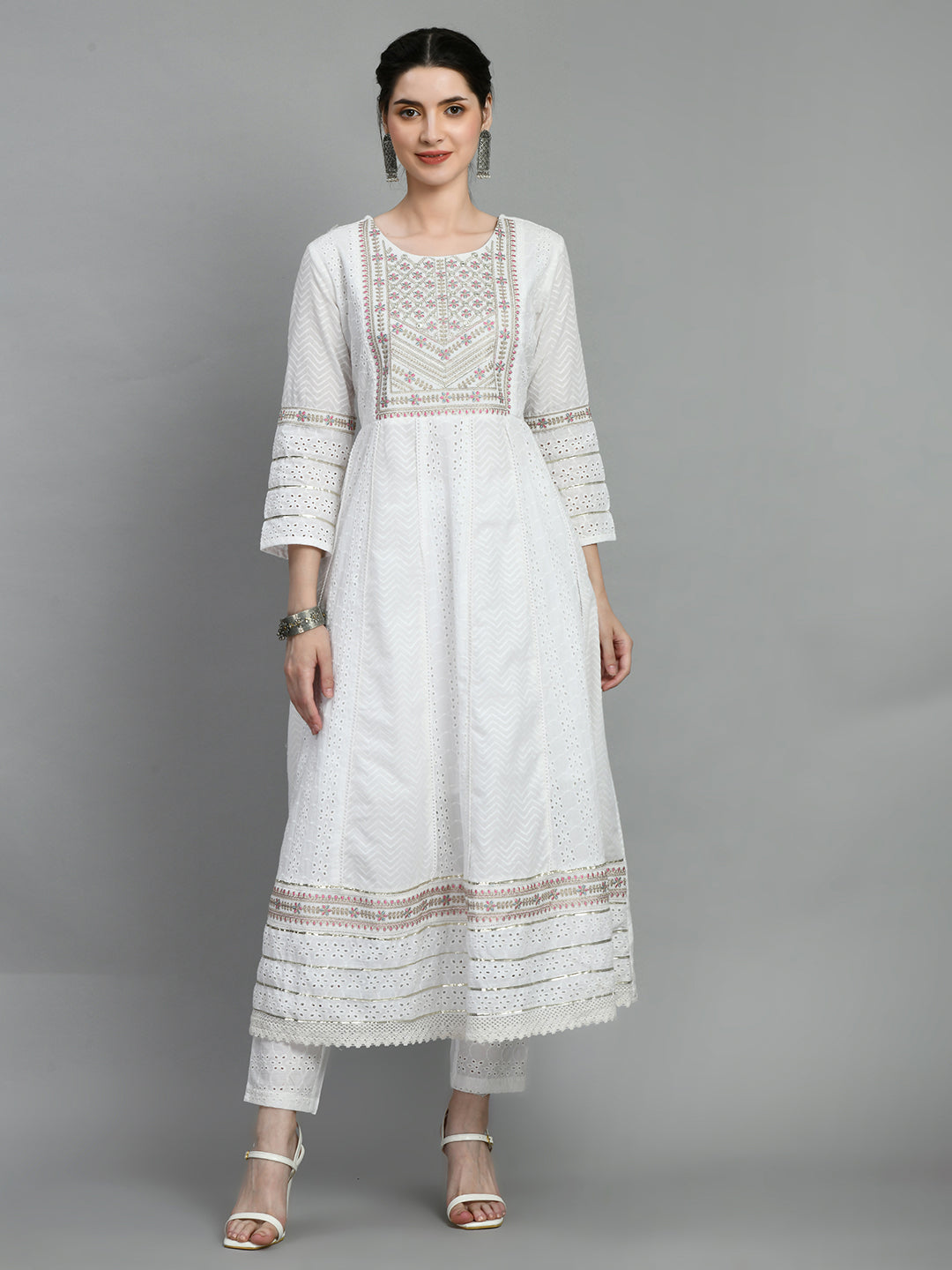 Kurti Master White Embroidered Anarkali Set with Dupatta