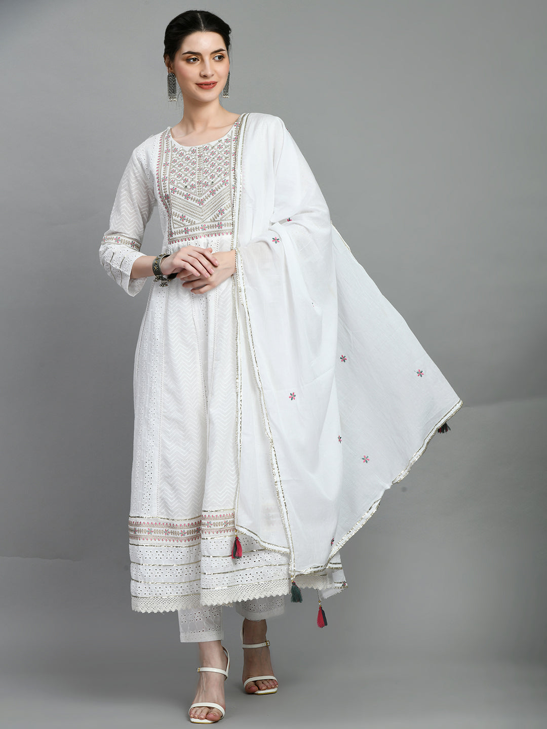 Kurti Master White Embroidered Anarkali Set with Dupatta