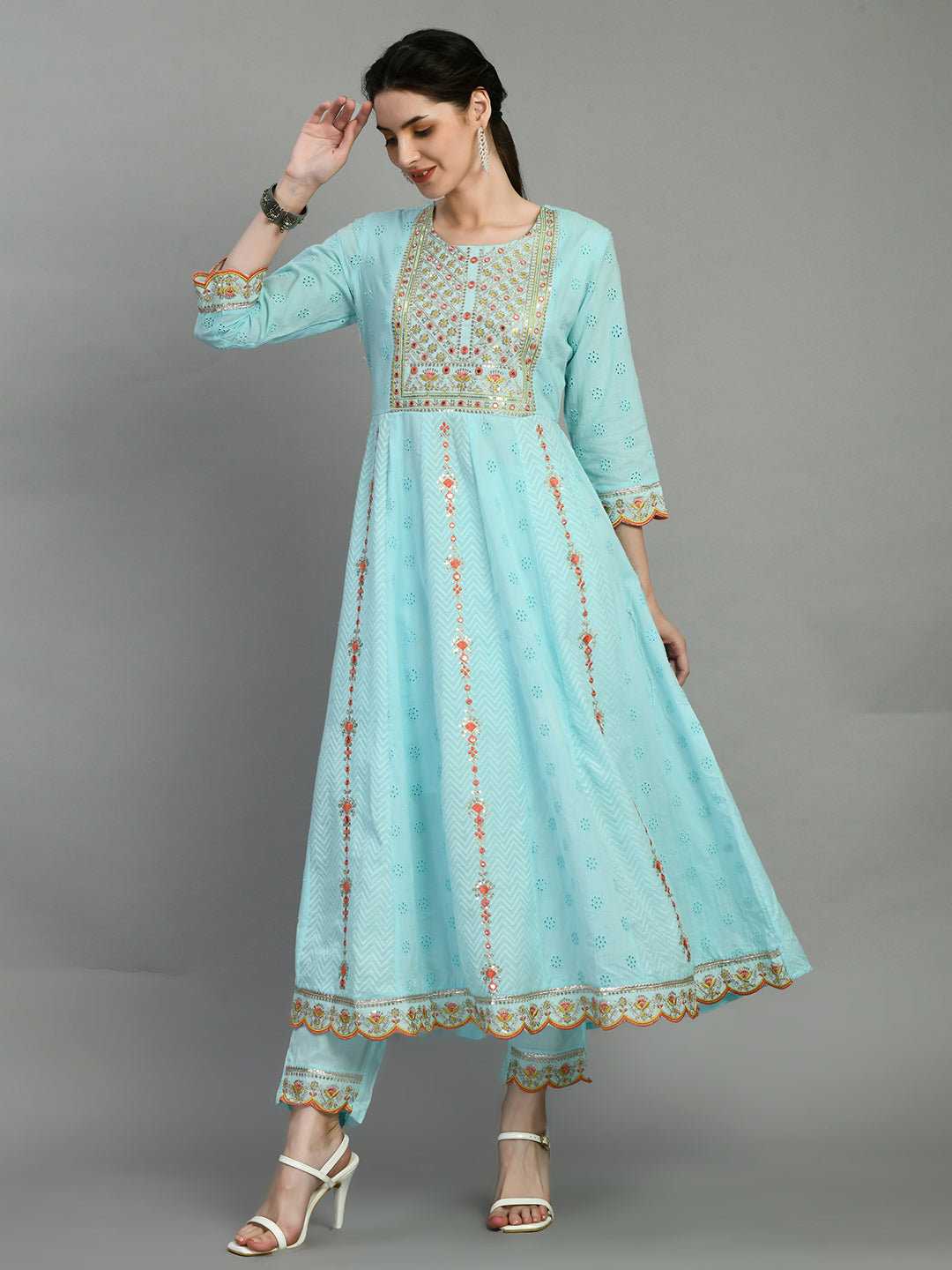 Sky Blue Embroidered Anarkali Kurta Set with Dupatta