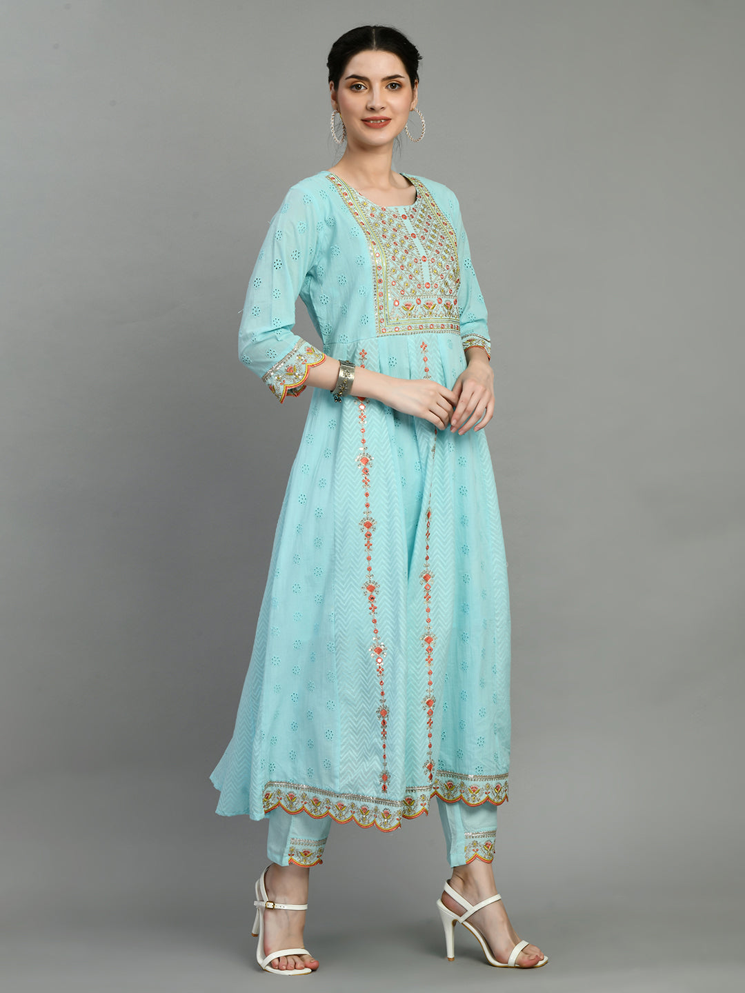 Sky Blue Embroidered Anarkali Kurta Set with Dupatta