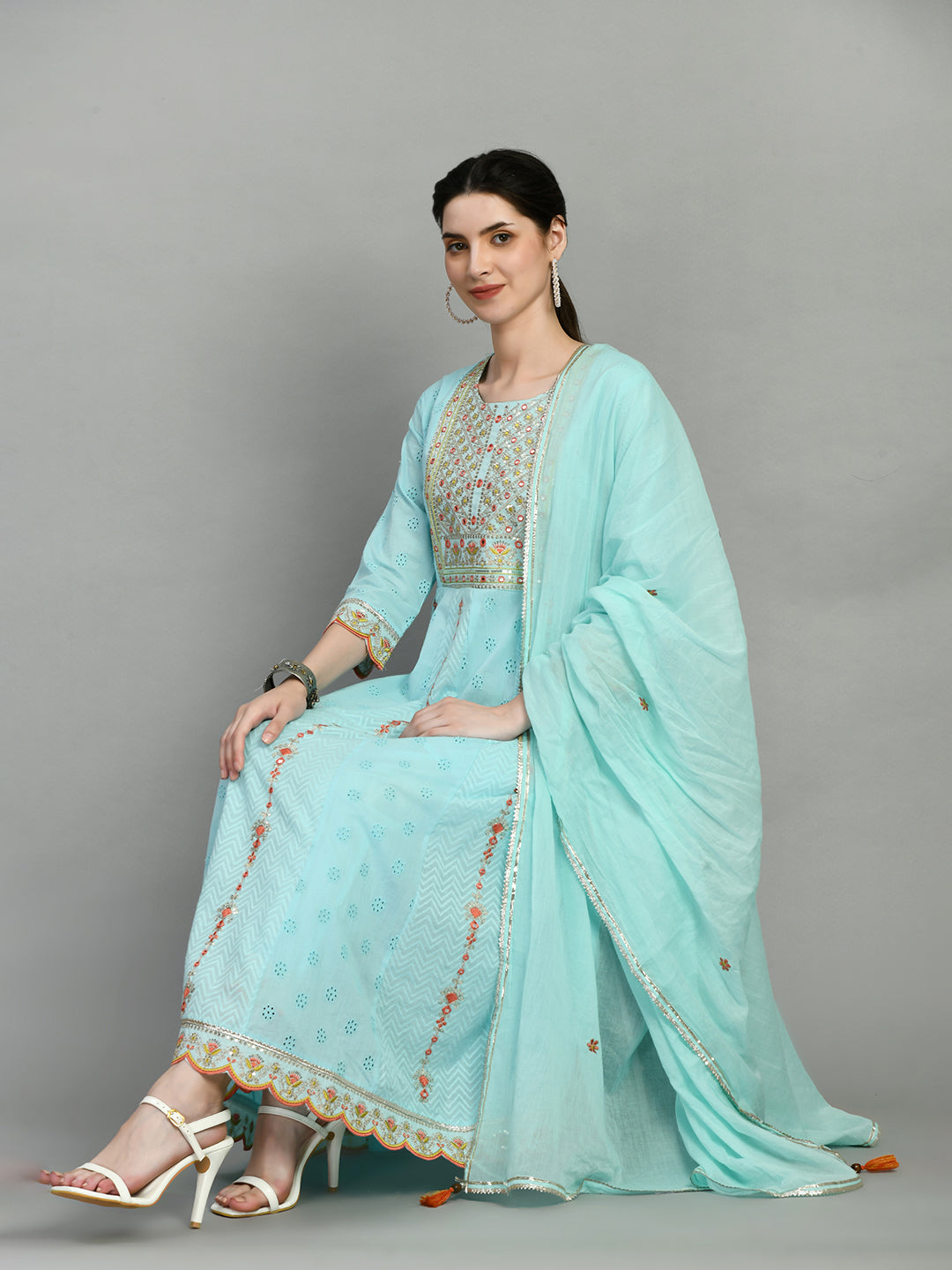 Sky Blue Embroidered Anarkali Kurta Set with Dupatta