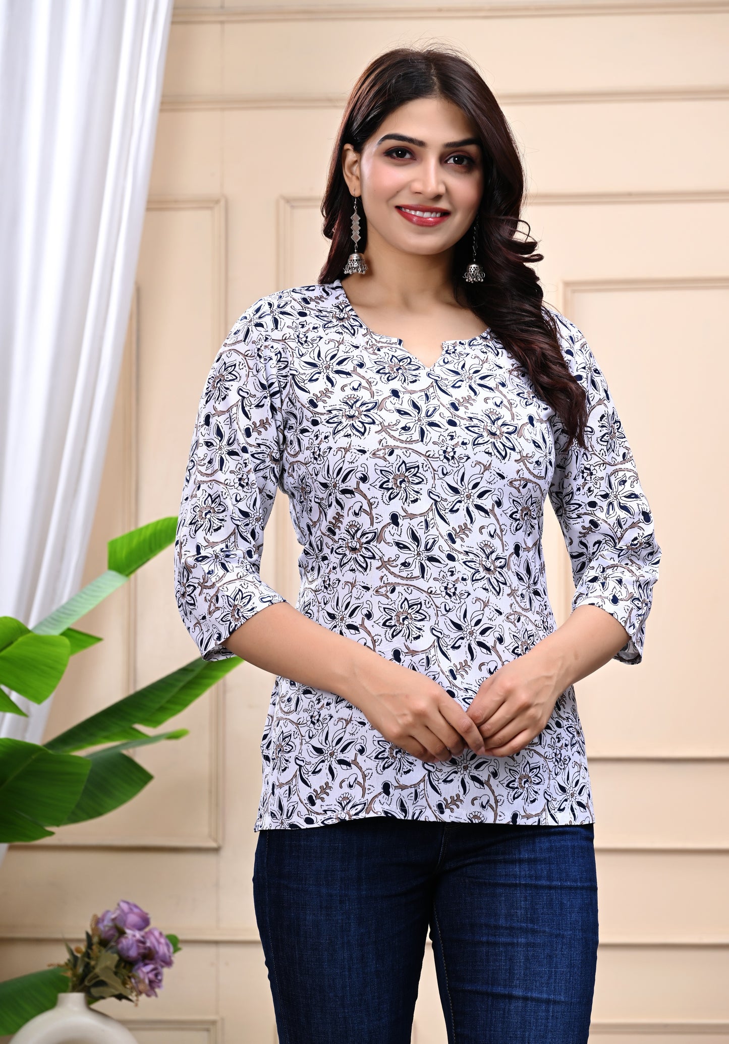 White Floral Printed Cotton Top for Women