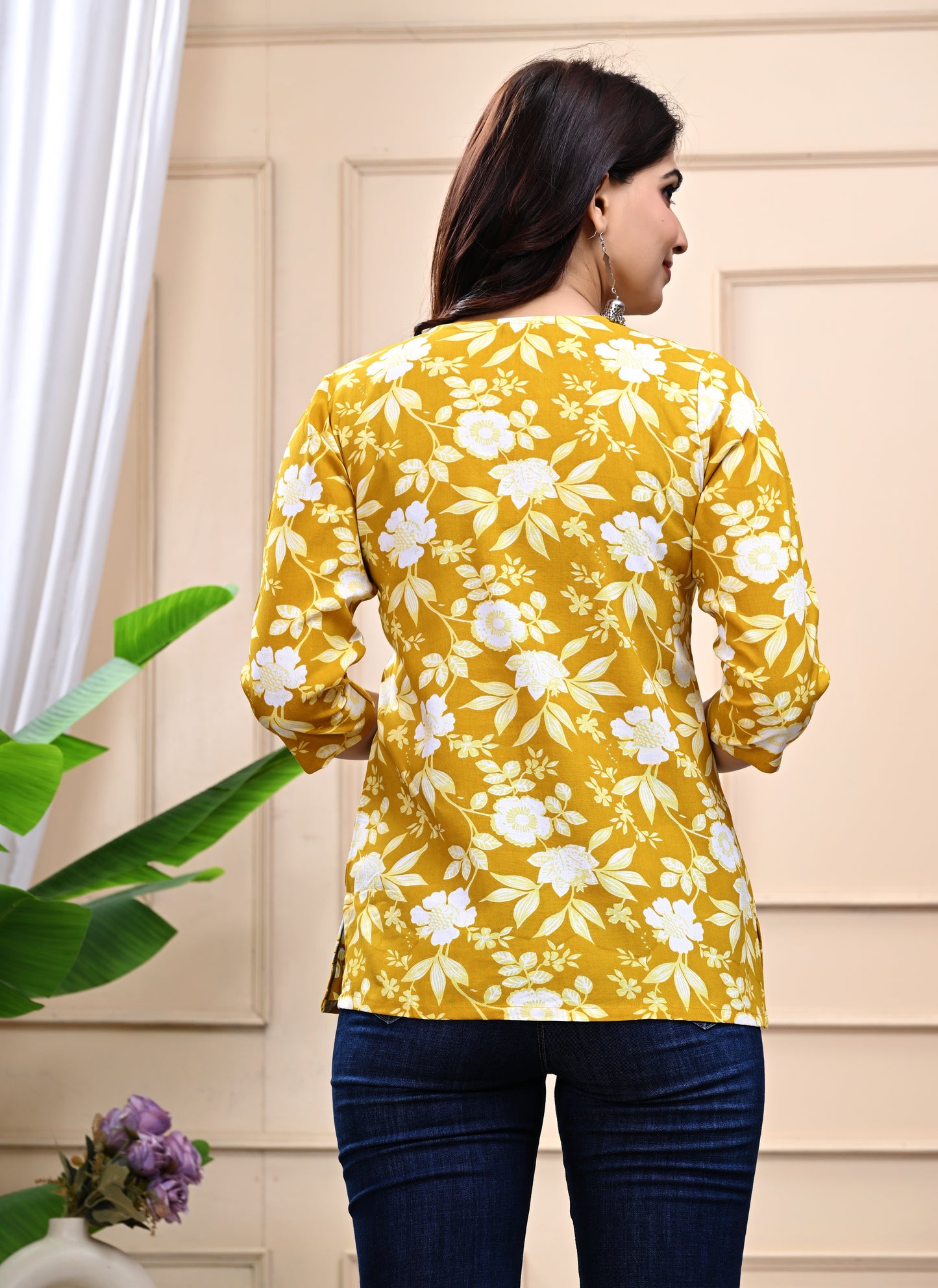Mustard Yellow Floral Cotton Top for Women