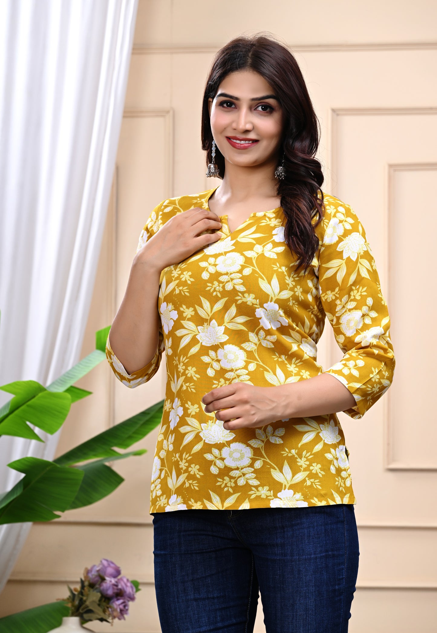 Mustard Yellow Floral Cotton Top for Women