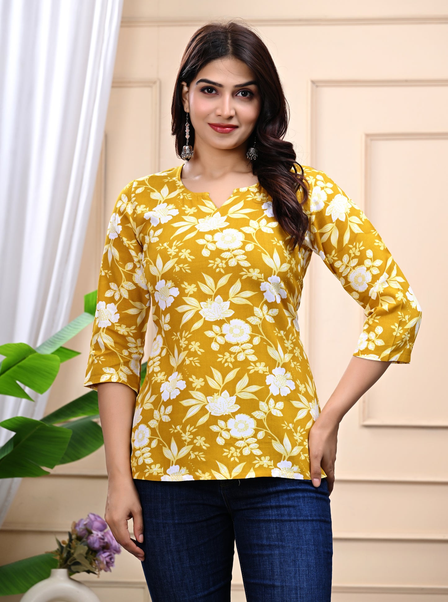Mustard Yellow Floral Cotton Top for Women