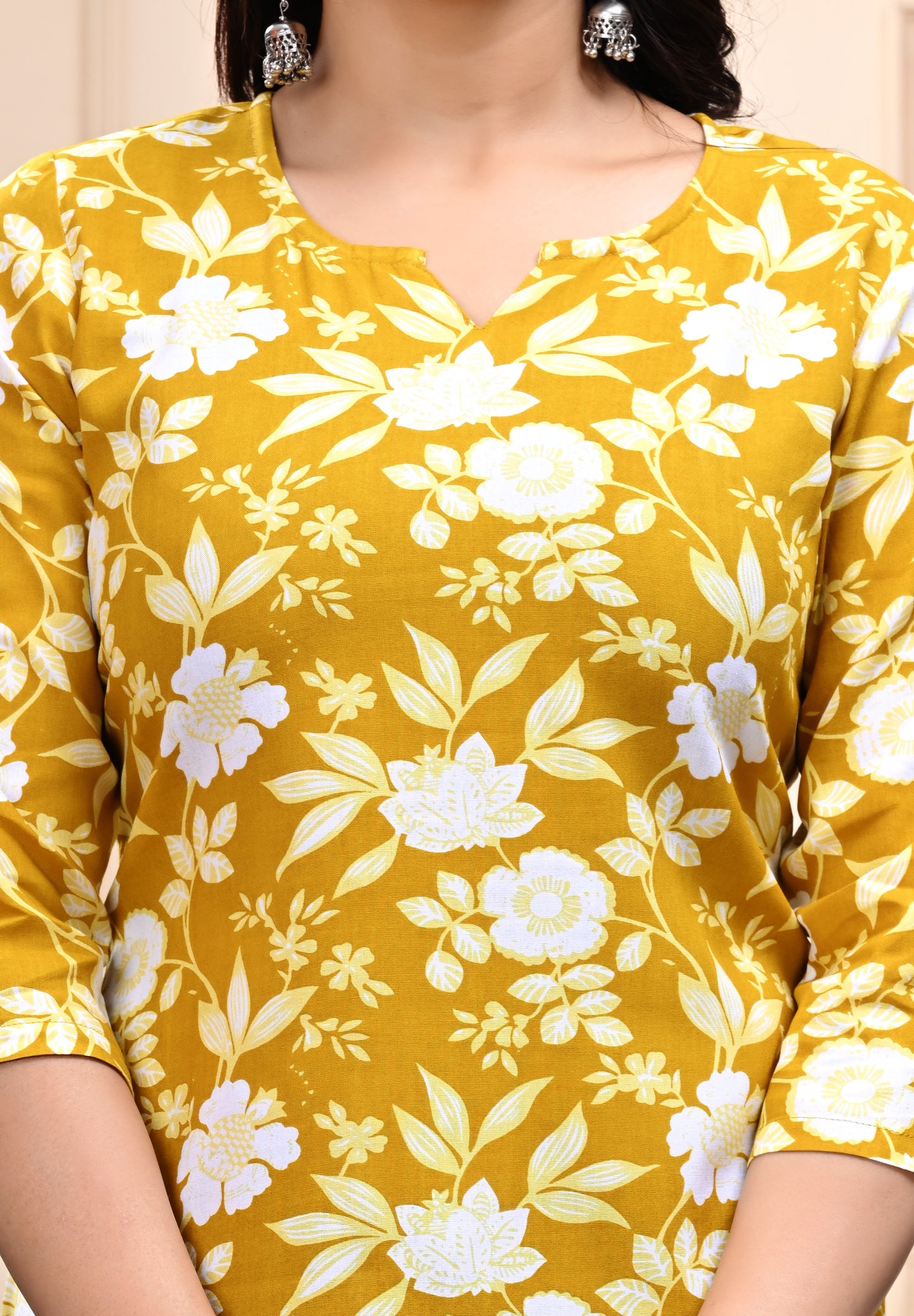 Mustard Yellow Floral Cotton Top for Women