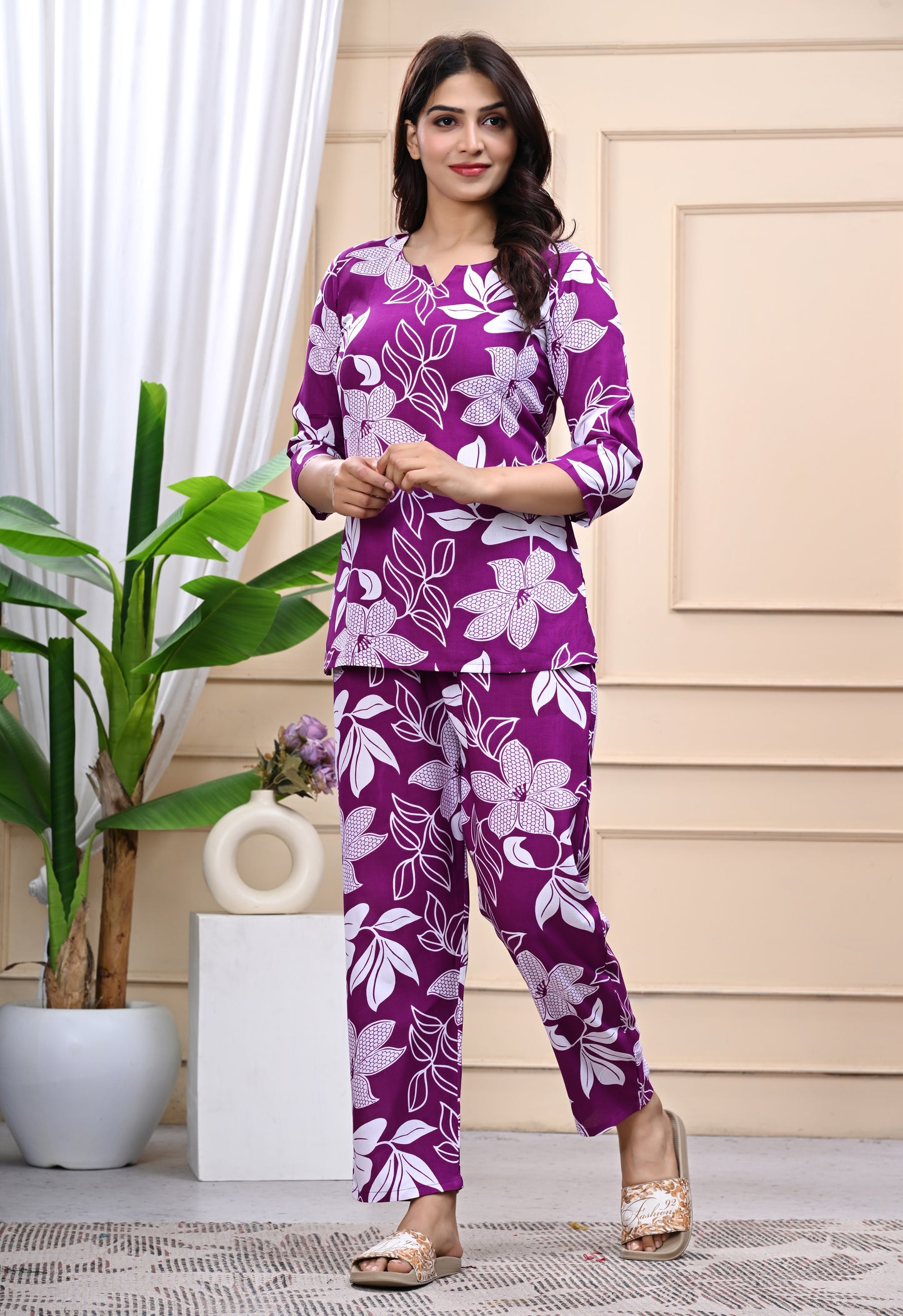Bold Floral Purple Cotton Co-ord Set for Women
