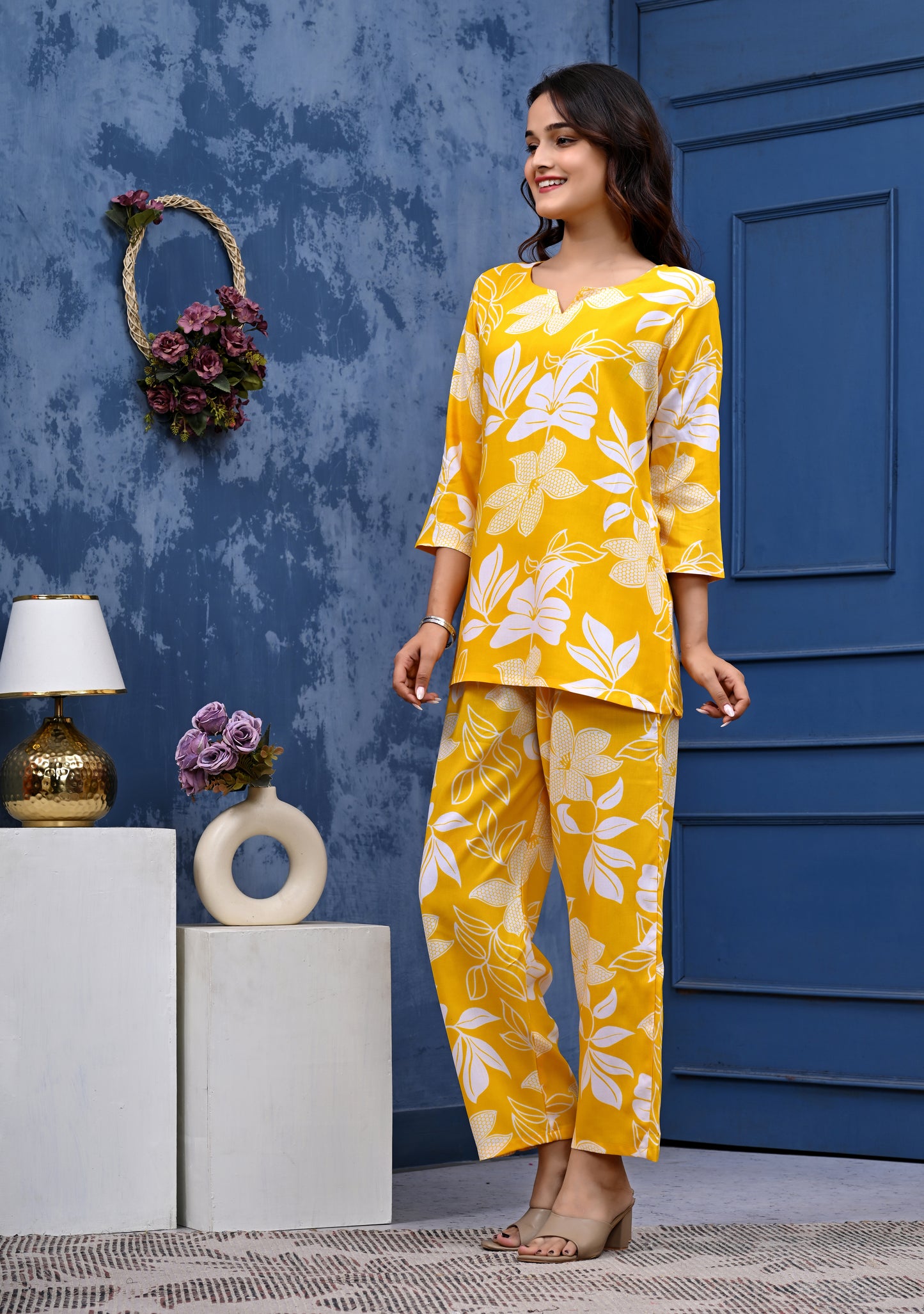 Bright Yellow Floral Co-ord Set for Women – Stylish & Comfortable Daily Wear