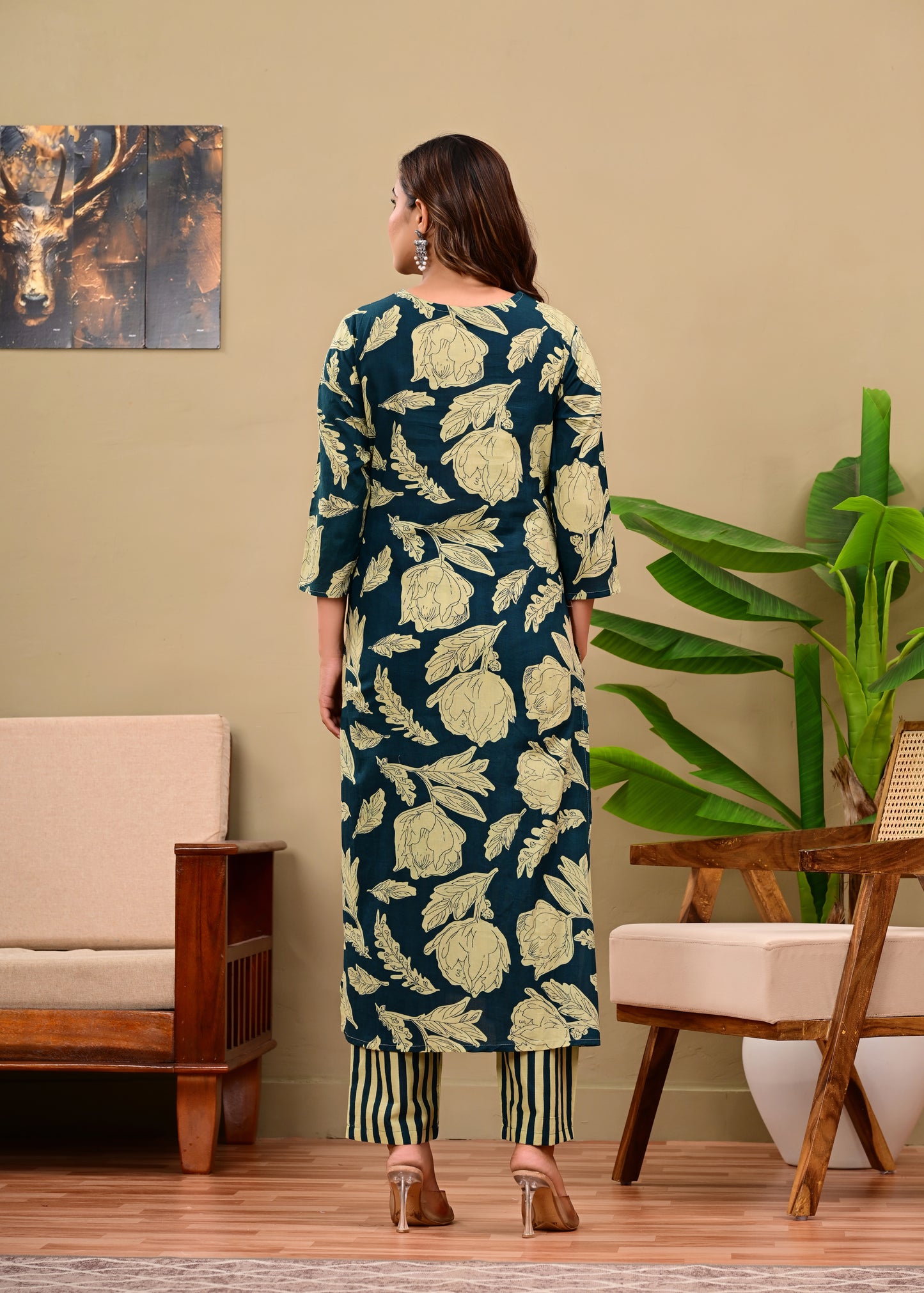 Navy Blue Floral Printed Kurta Set with Striped Pants & Dupatta