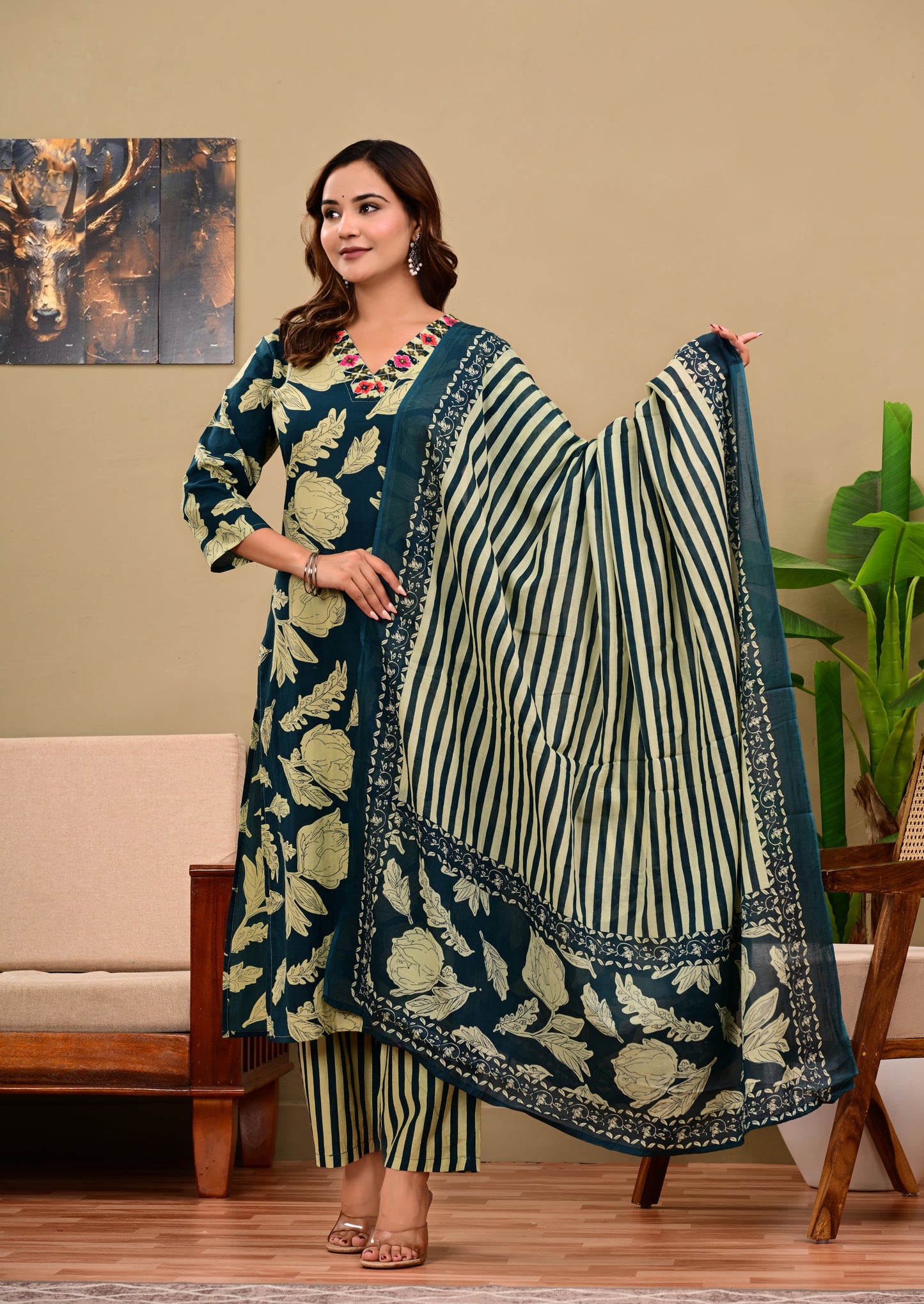 Navy Blue Floral Printed Kurta Set with Striped Pants & Dupatta