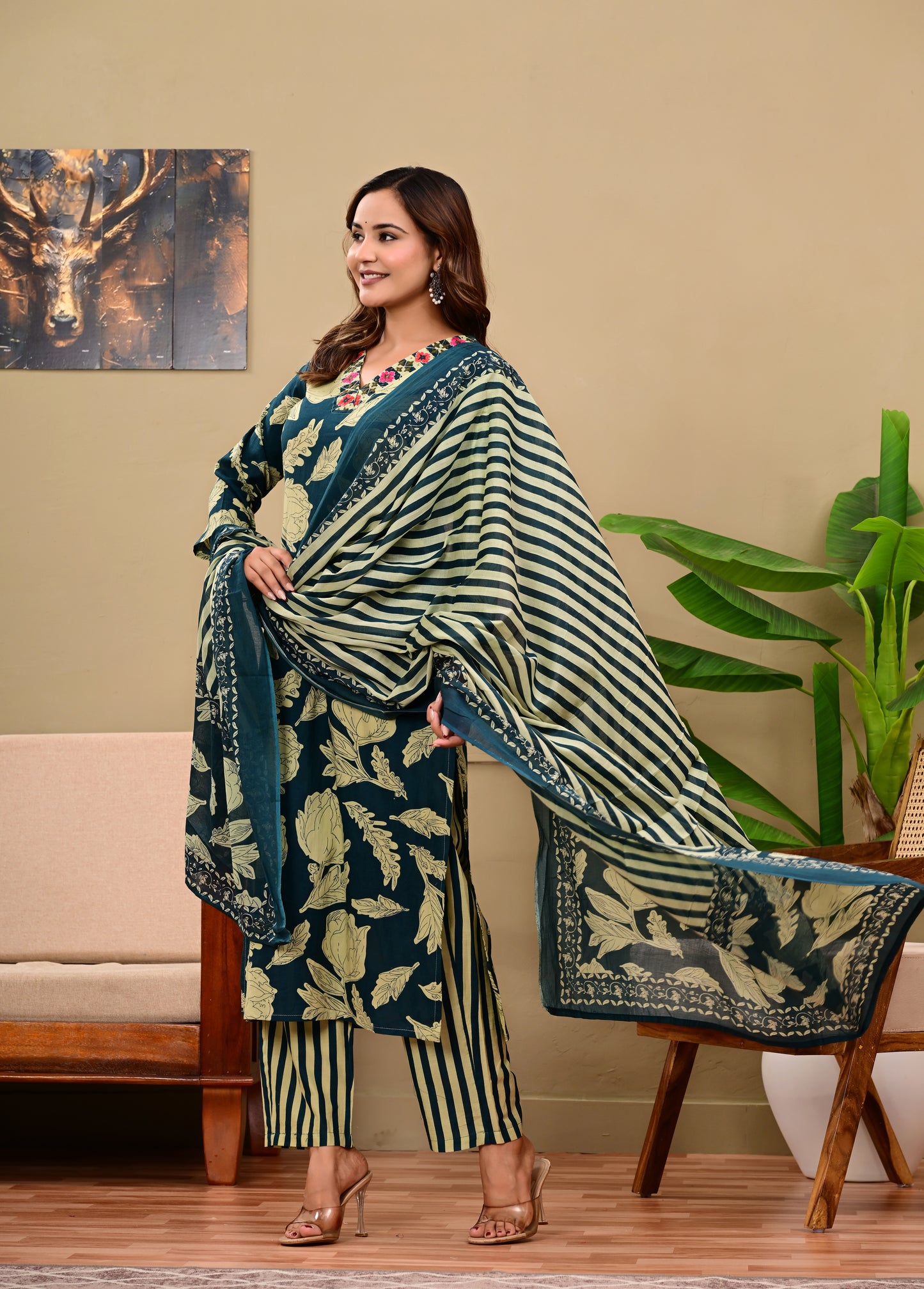 Navy Blue Floral Printed Kurta Set with Striped Pants & Dupatta