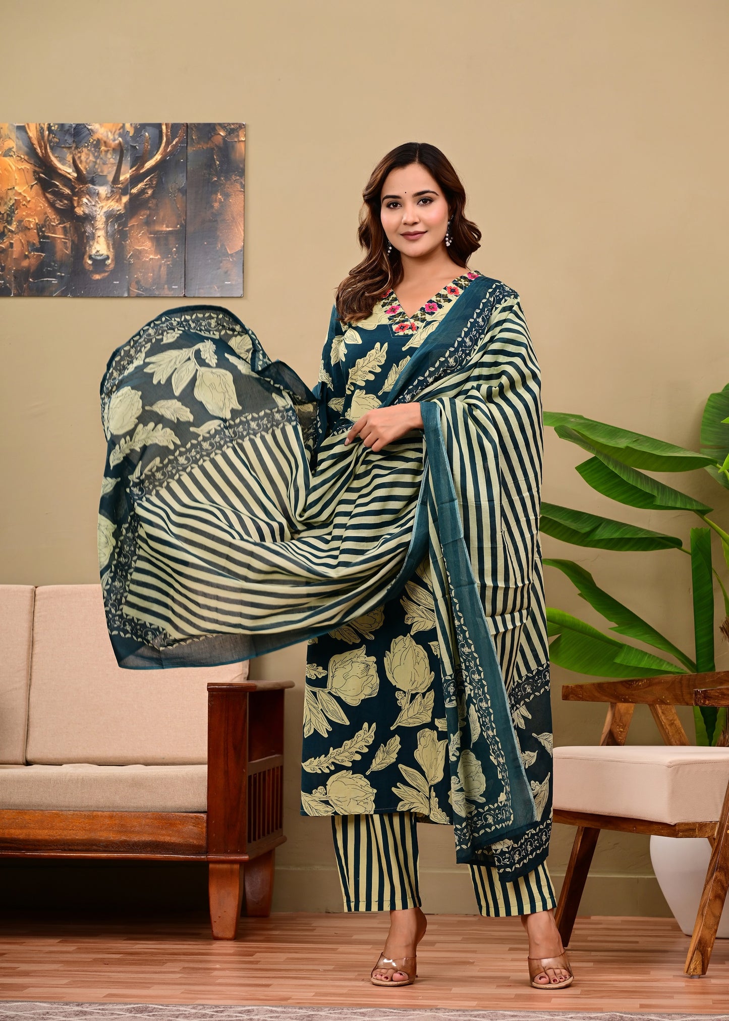 Navy Blue Floral Printed Kurta Set with Striped Pants & Dupatta