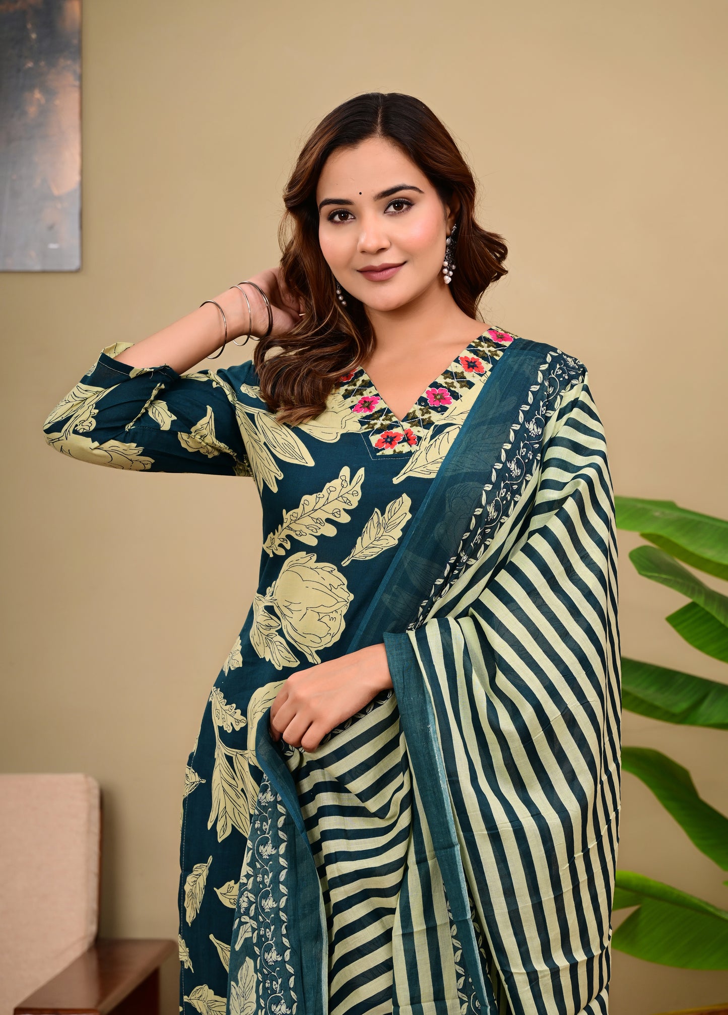 Navy Blue Floral Printed Kurta Set with Striped Pants & Dupatta