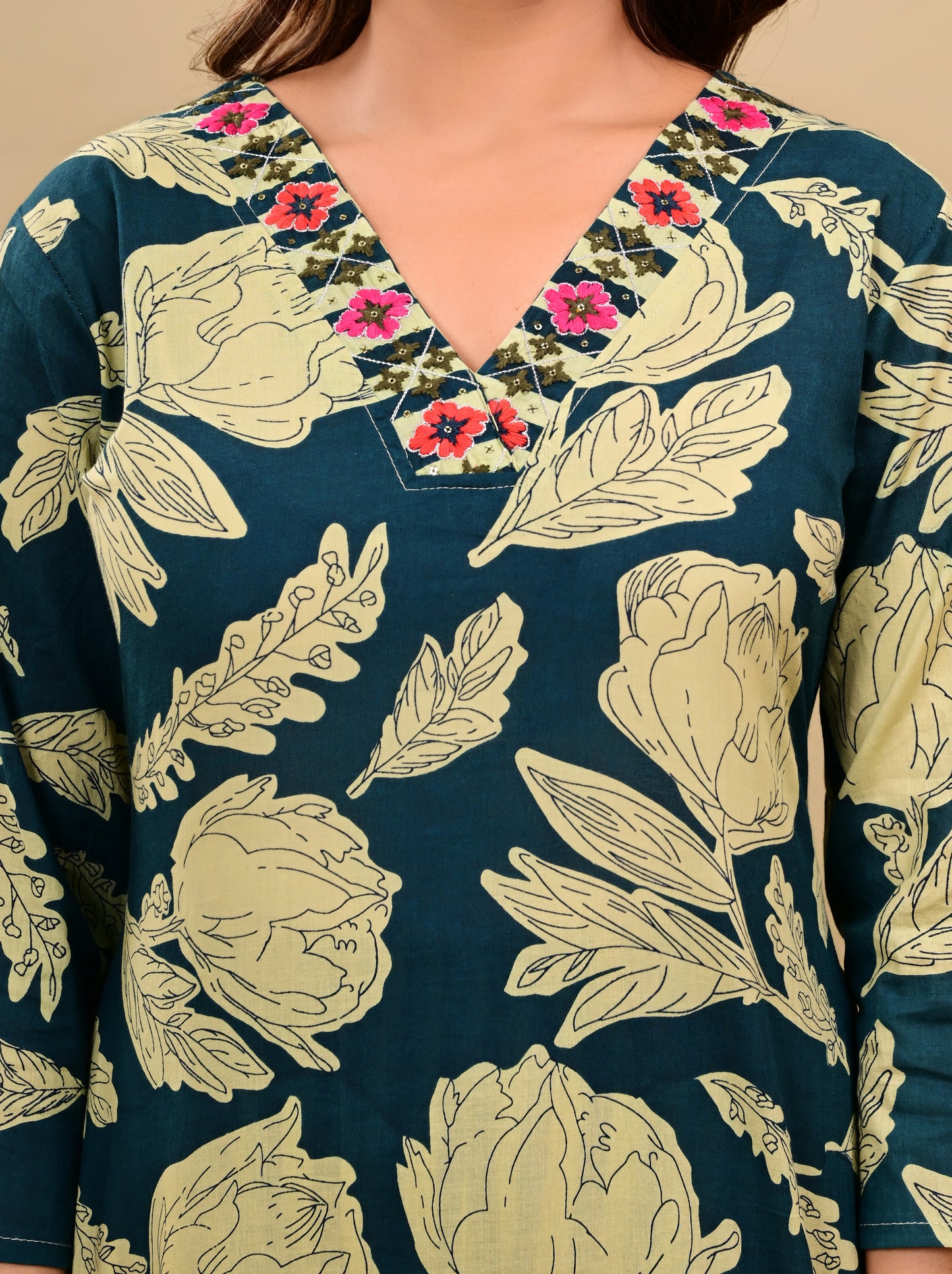 Navy Blue Floral Printed Kurta Set with Striped Pants & Dupatta