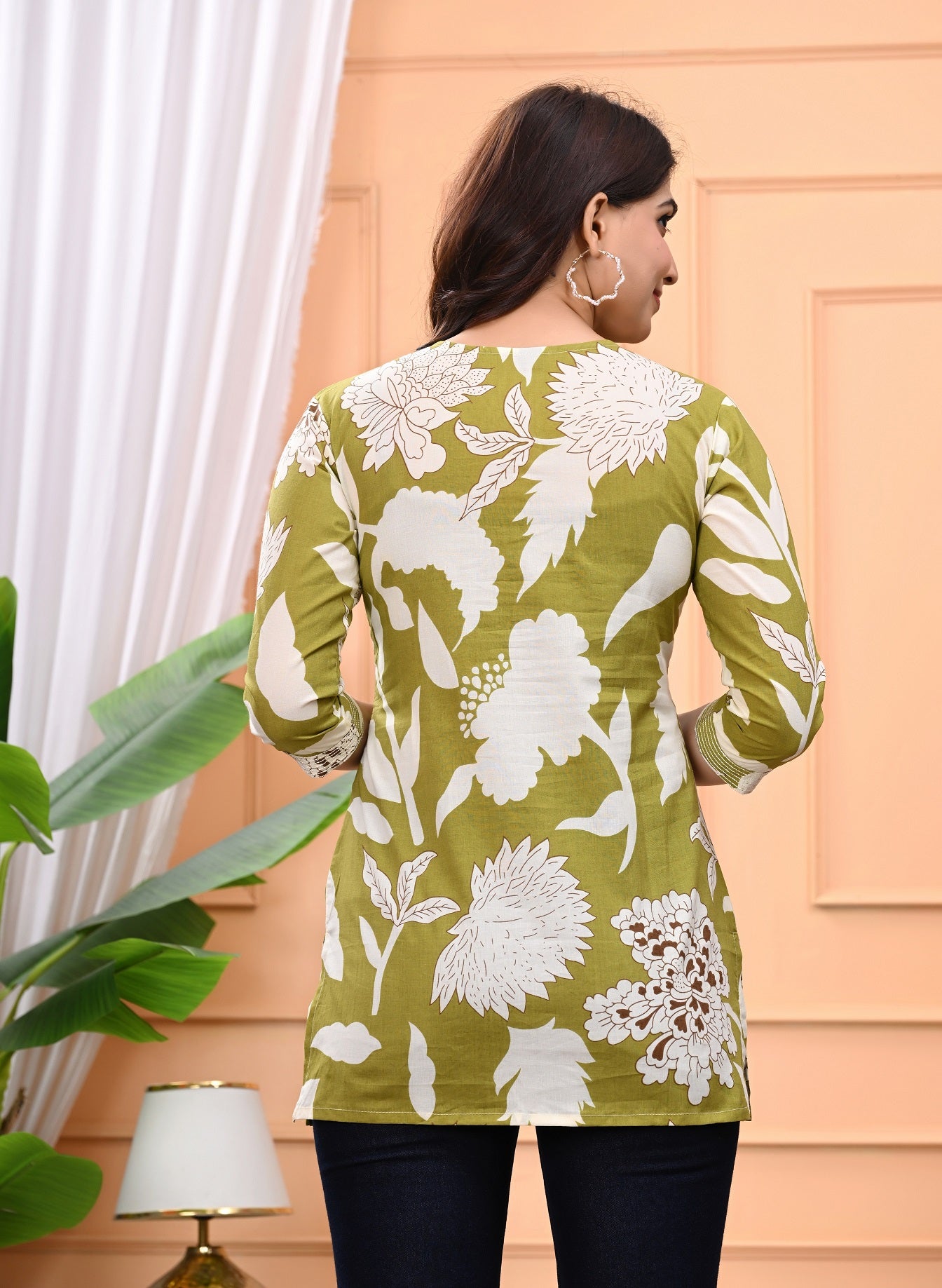 Olive Green Floral Printed Short Kurti for Women
