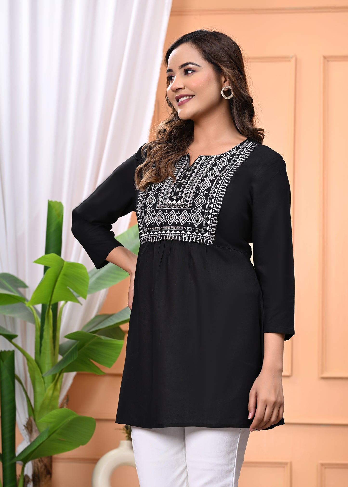 "Women's Black Rayon Short Kurti with White Embroidered Yoke – 3/4 Sleeves"