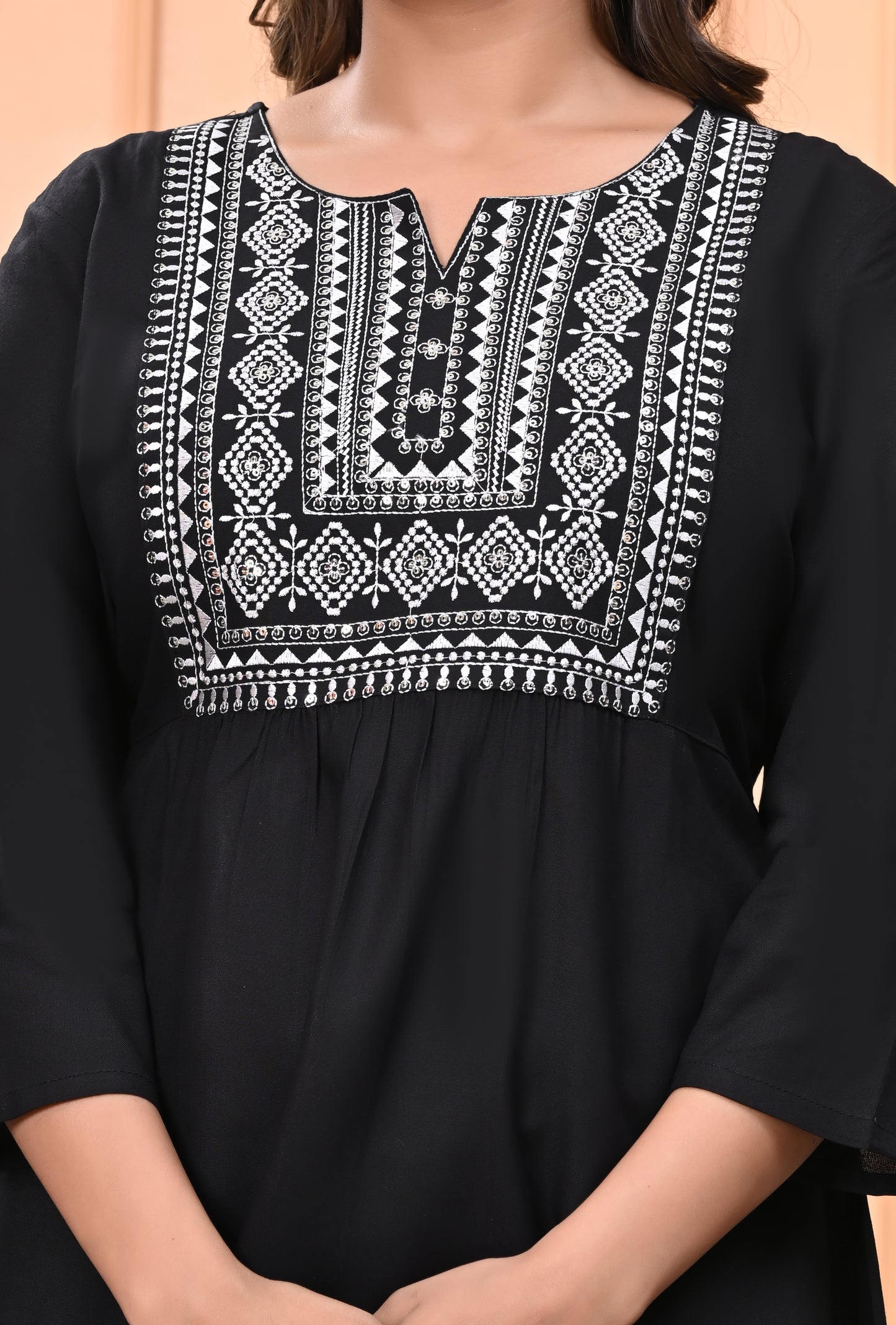 "Women's Black Rayon Short Kurti with White Embroidered Yoke – 3/4 Sleeves"