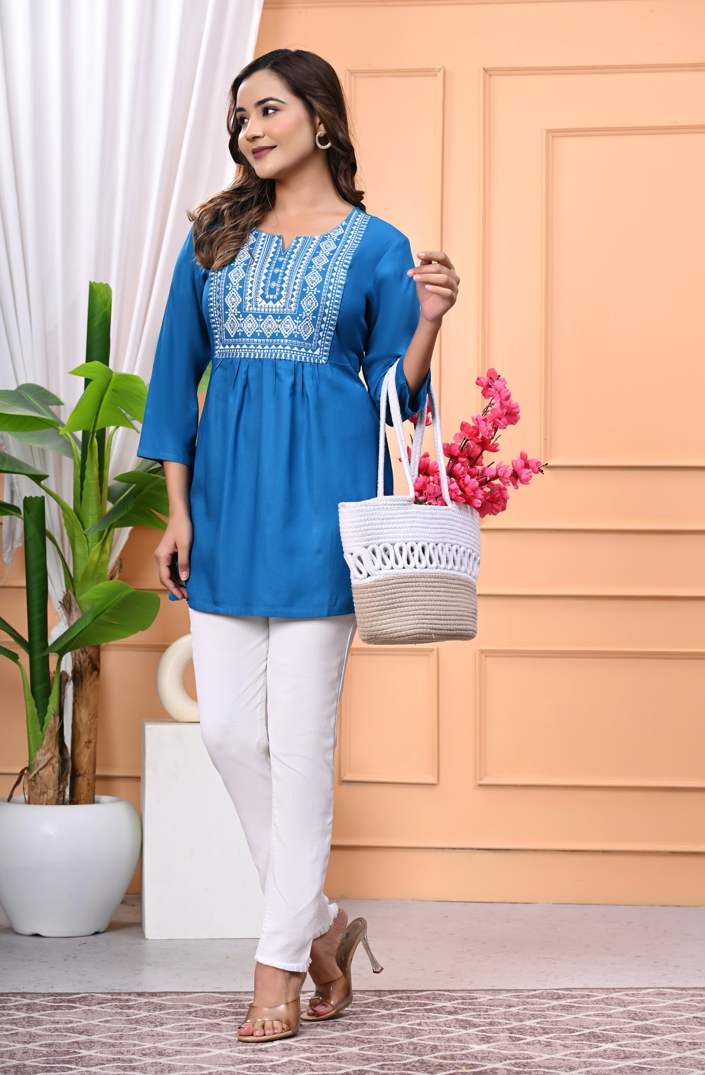 "Women's Blue Rayon Short Kurti with White Embroidered Yoke – 3/4 Sleeves"