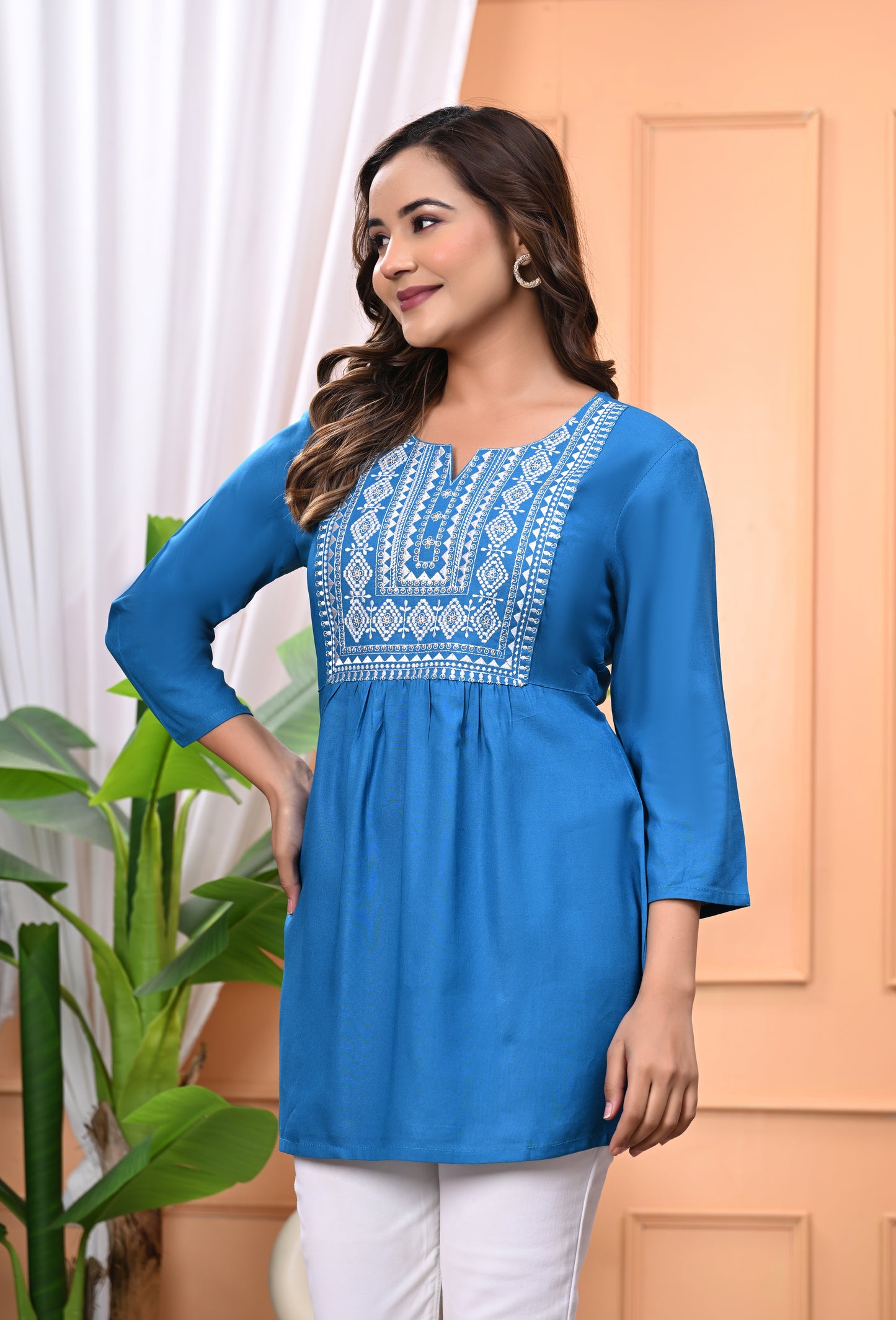"Women's Blue Rayon Short Kurti with White Embroidered Yoke – 3/4 Sleeves"