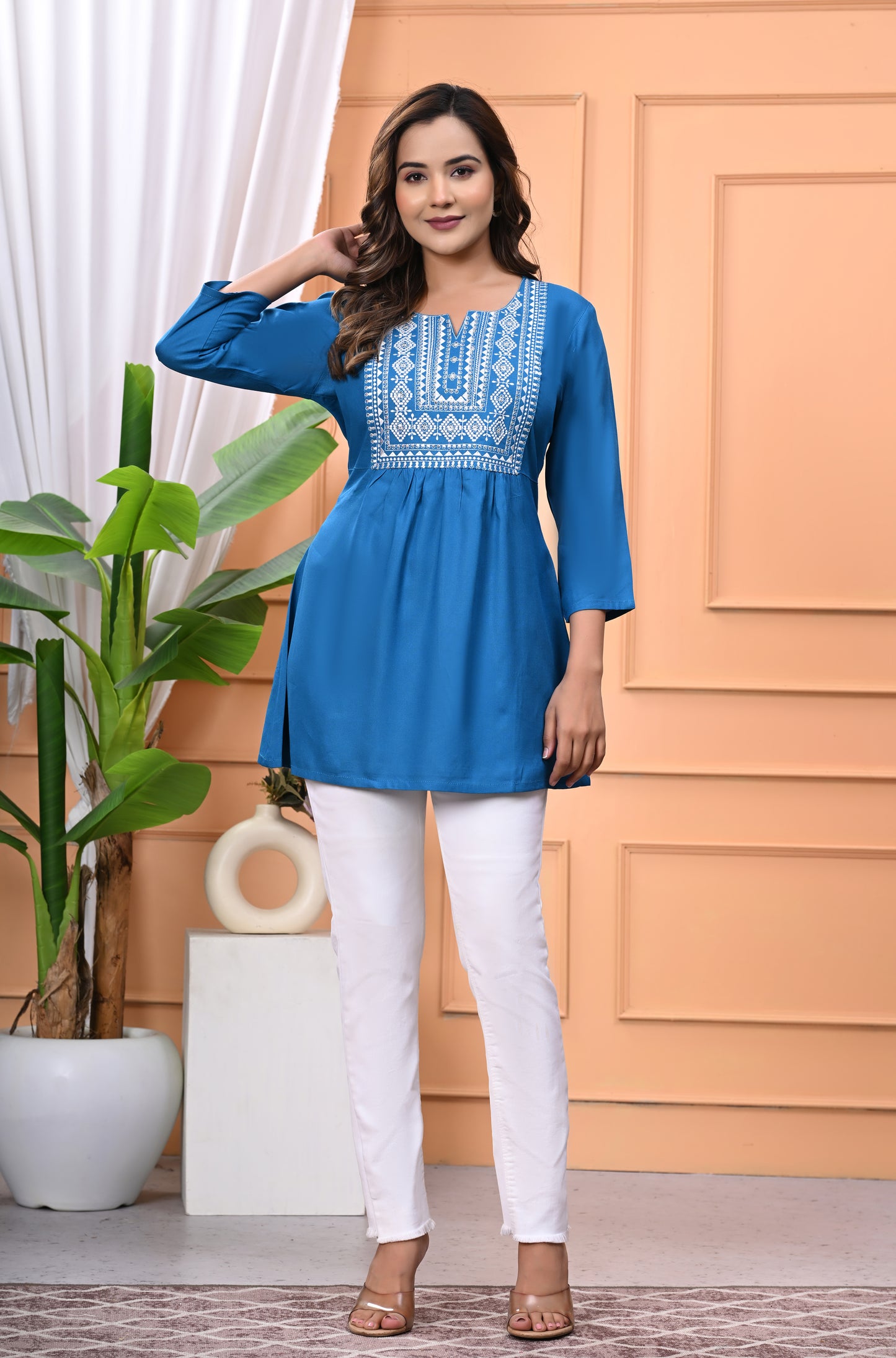 "Women's Blue Rayon Short Kurti with White Embroidered Yoke – 3/4 Sleeves"