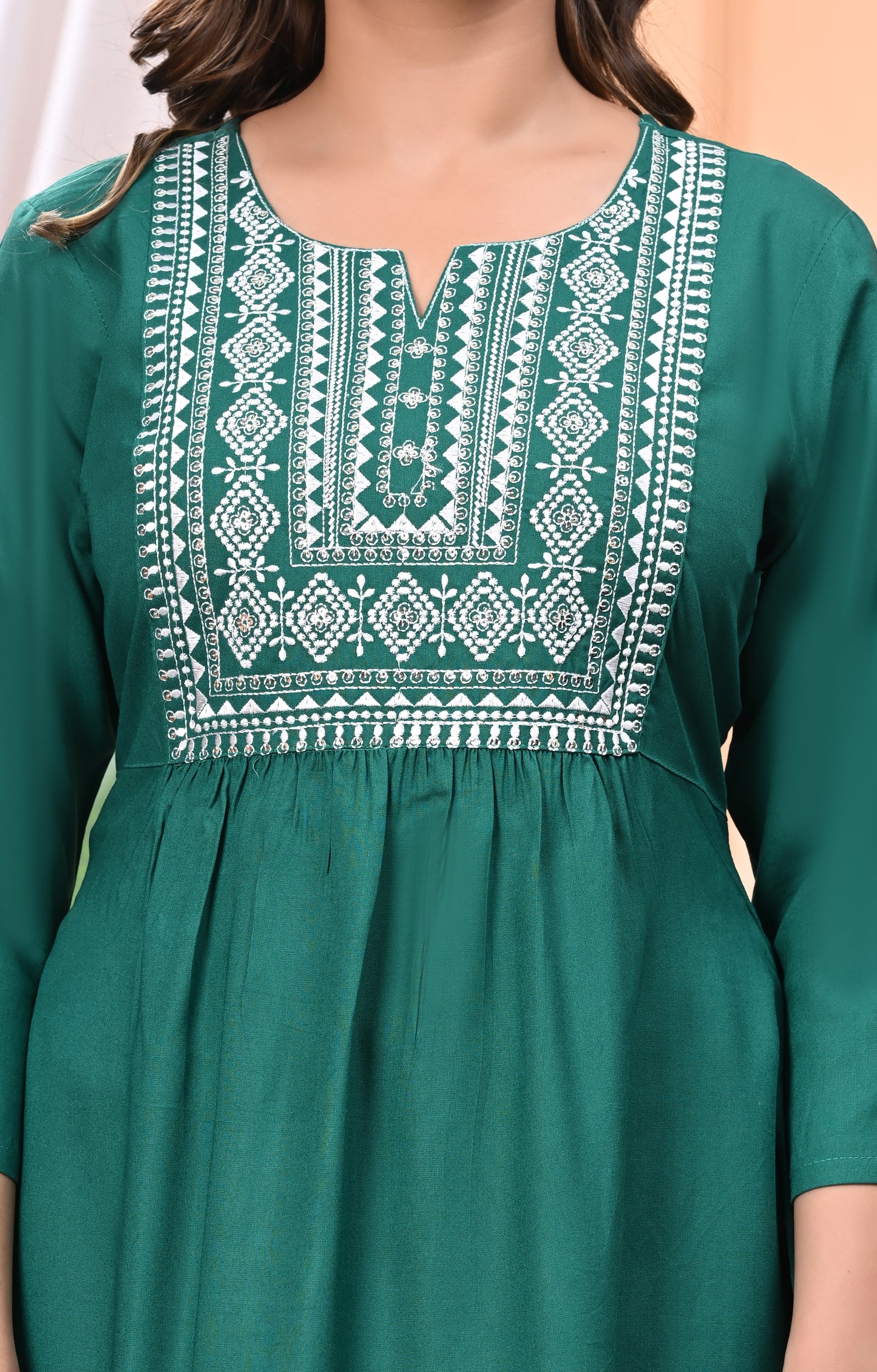 "Women's Green Rayon Short Kurti with White Embroidered Yoke – 3/4 Sleeves"