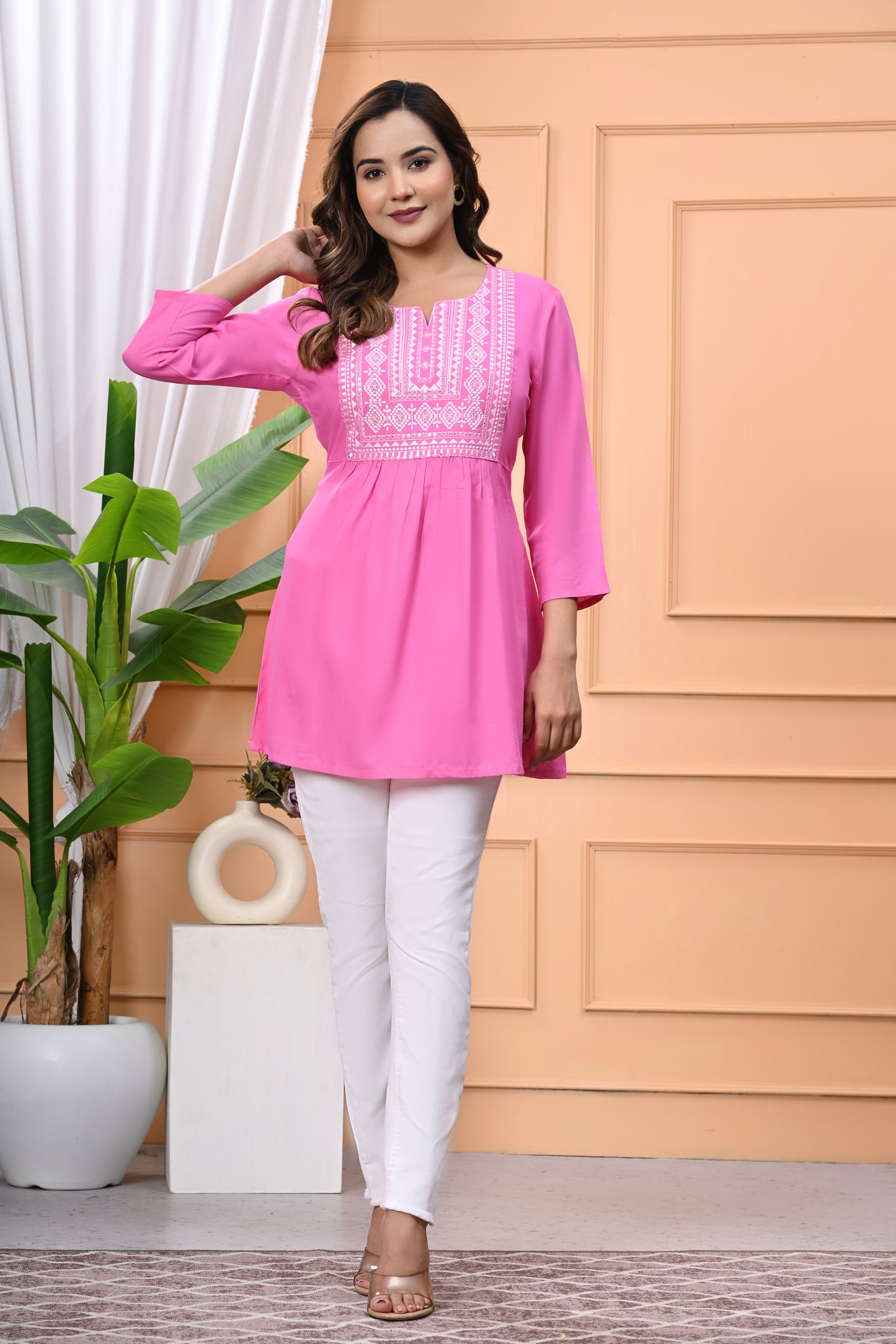 "Women's Pink Rayon Short Kurti with White Embroidered Yoke – 3/4 Sleeves"