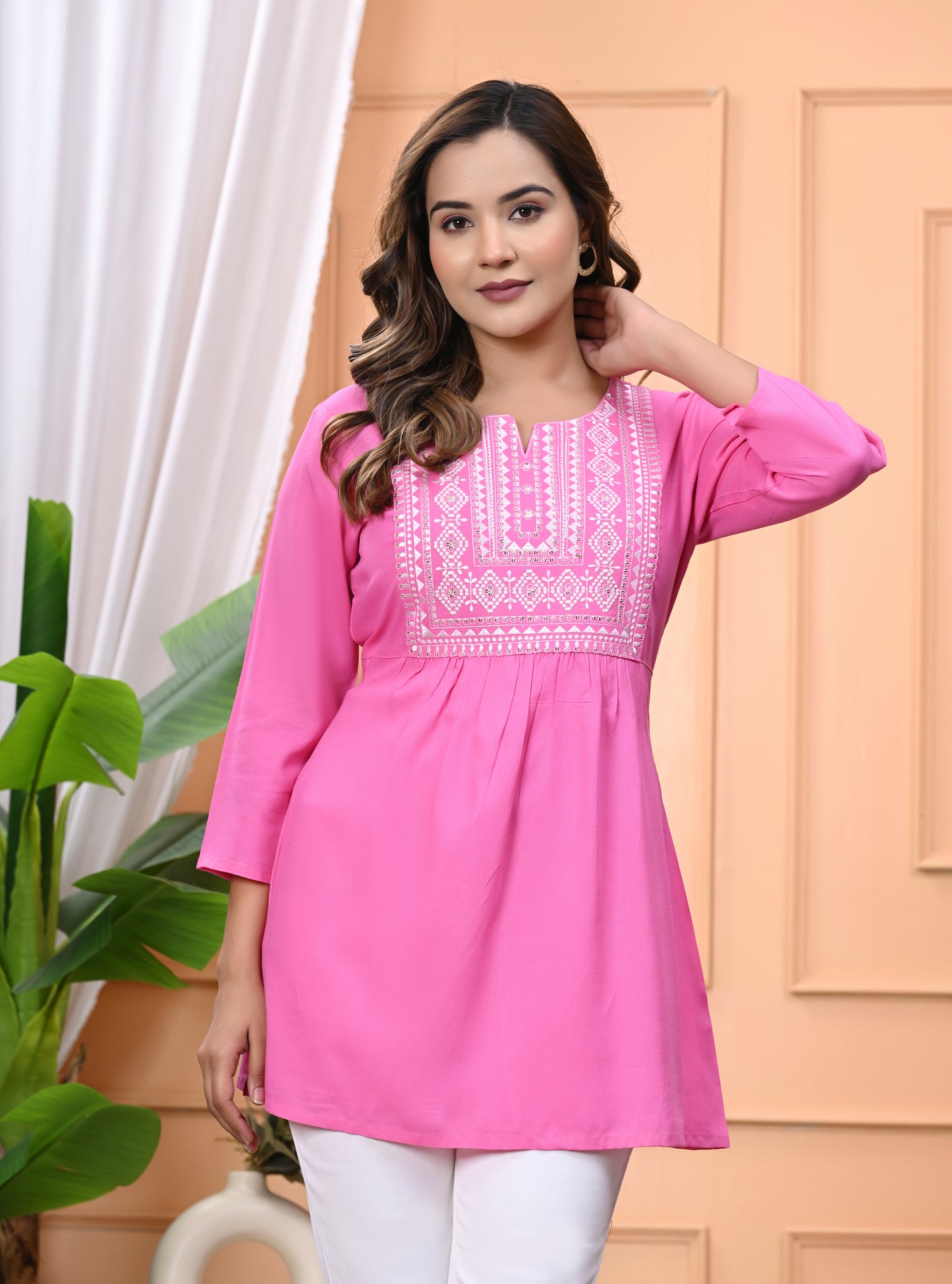 "Women's Pink Rayon Short Kurti with White Embroidered Yoke – 3/4 Sleeves"