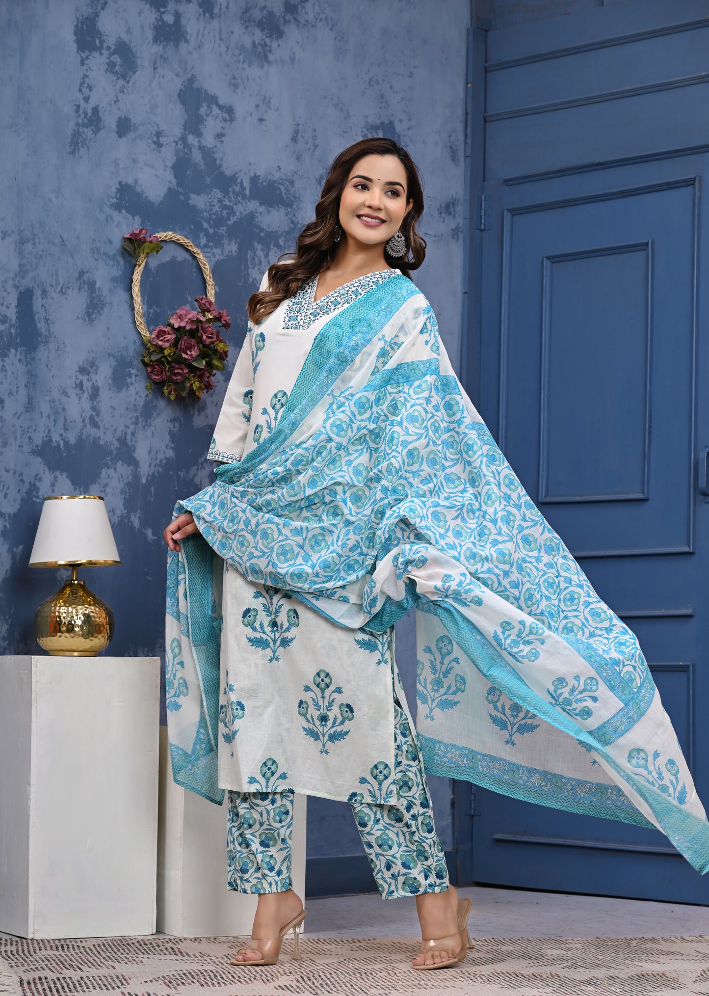 ๐ธ Elegant White & Blue Floral Cotton Kurta Set with Dupatta ๐ธ