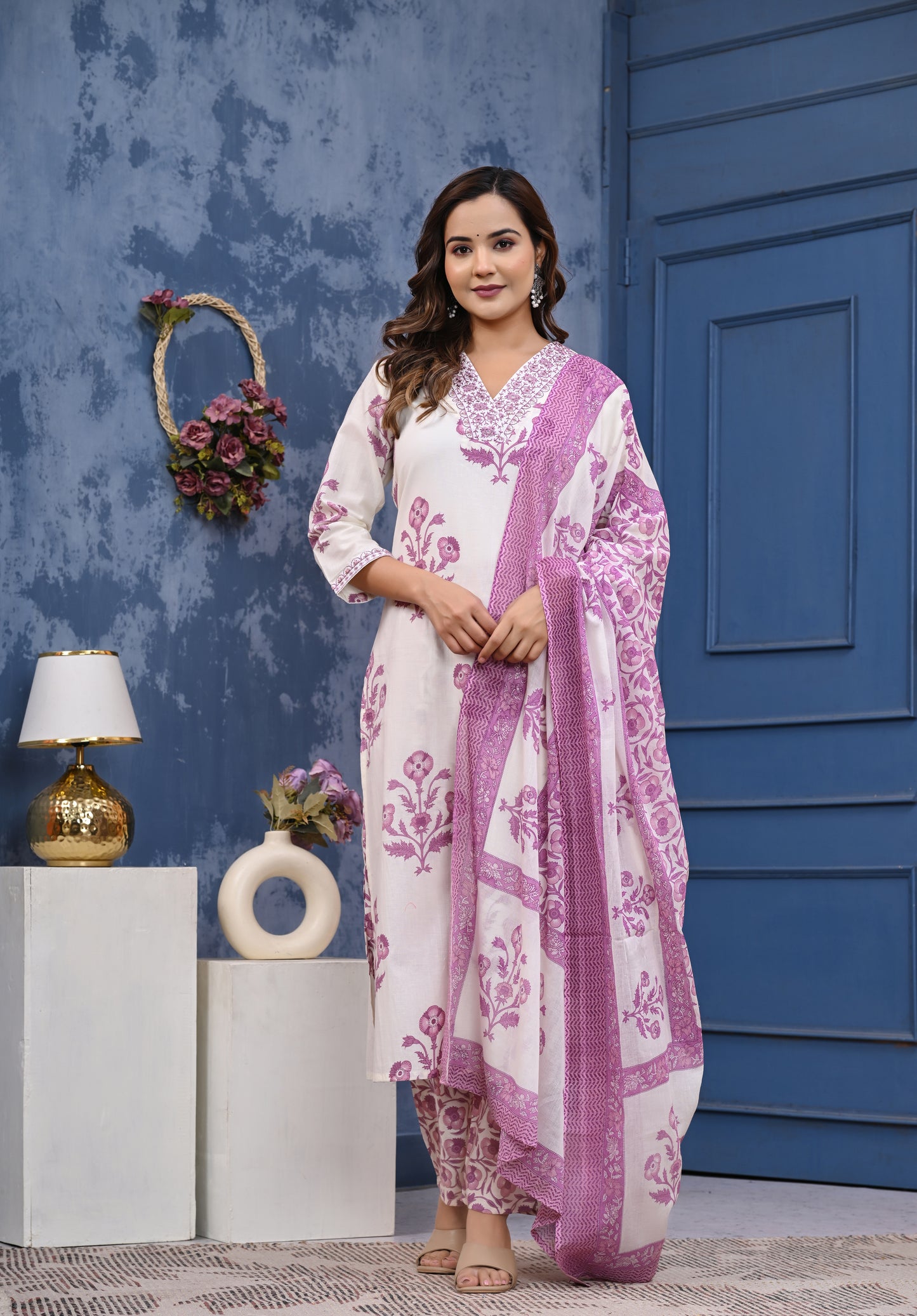 White & Pink Floral Printed Cotton Kurta Set with Dupatta