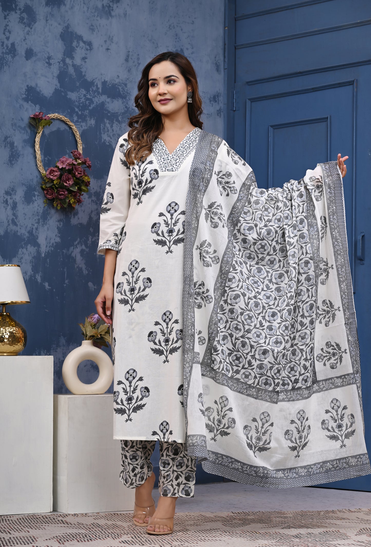 Elegant White & Black Floral Printed Cotton Kurta Set with Dupatta