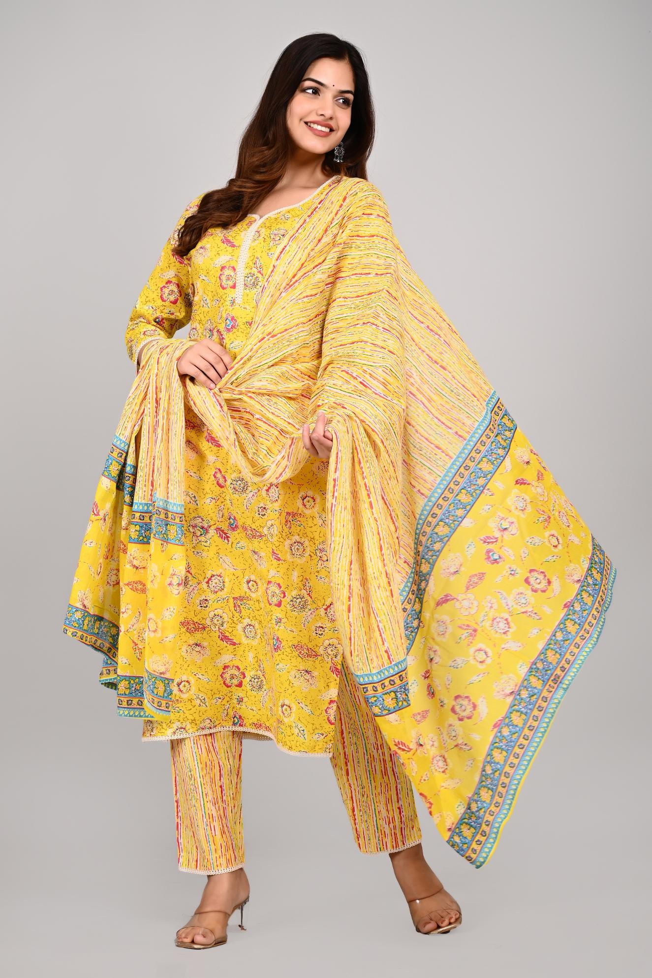 Yellow Colour Designer Printed Kurta with Pant and Dupatta