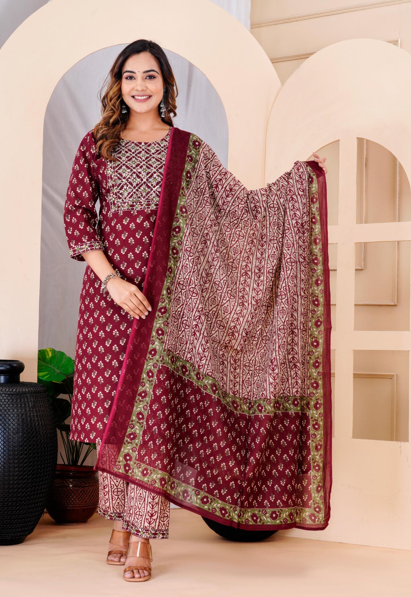 Wine Colour Designer Printed Kurta with Pant and Dupatta
