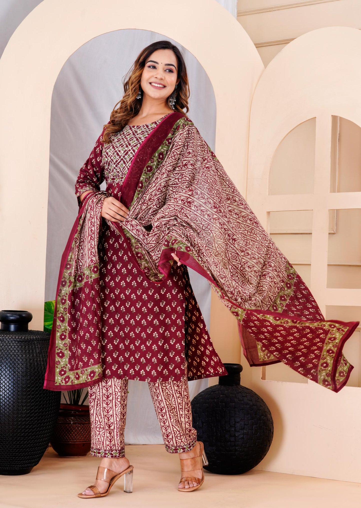 Wine Colour Designer Printed Kurta with Pant and Dupatta