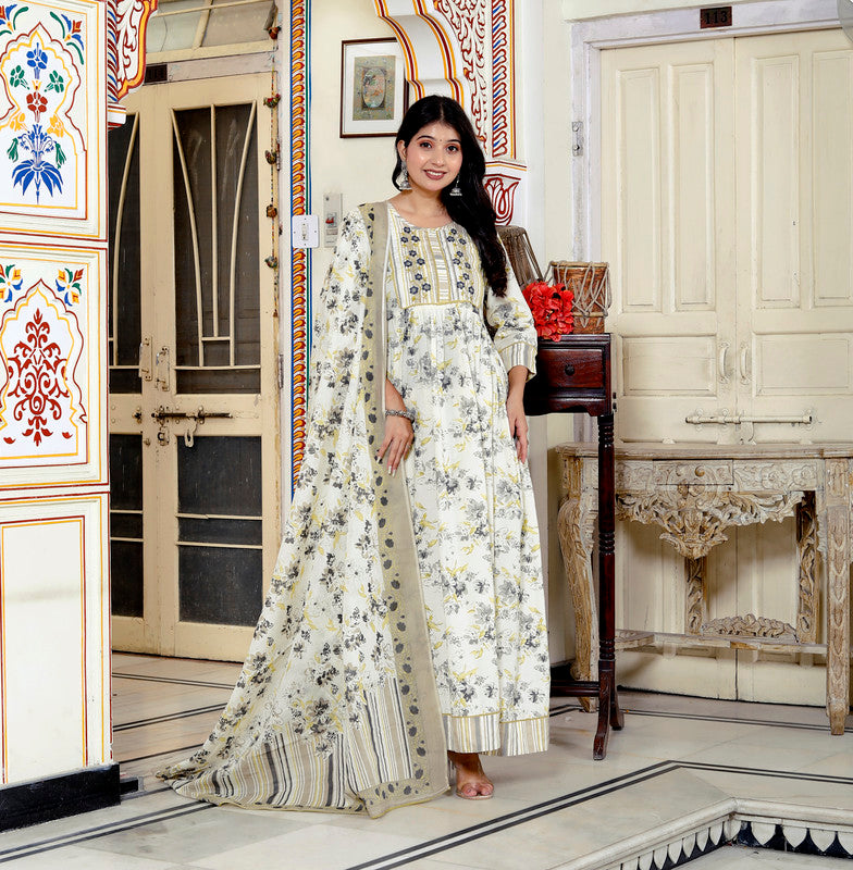 Beige Colour Designer Printed Kurta with Pant and Dupatta