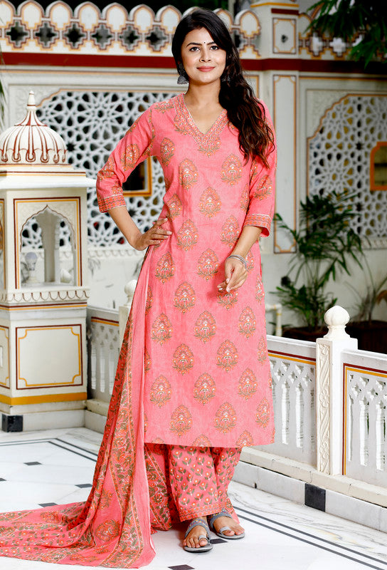Peach Colour Designer Printed Kurta with Pant and Dupatta