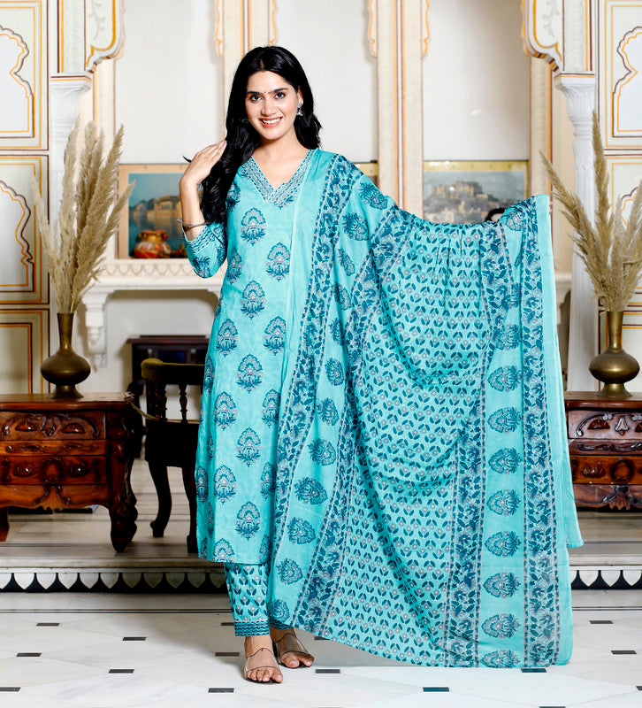 Green Colour Designer Printed Kurta with Pant and Dupatta