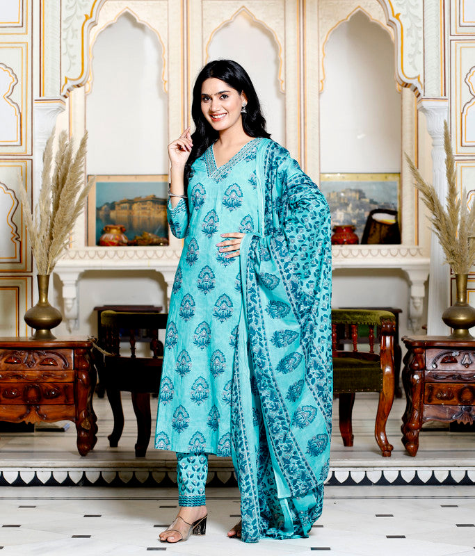 Green Colour Designer Printed Kurta with Pant and Dupatta