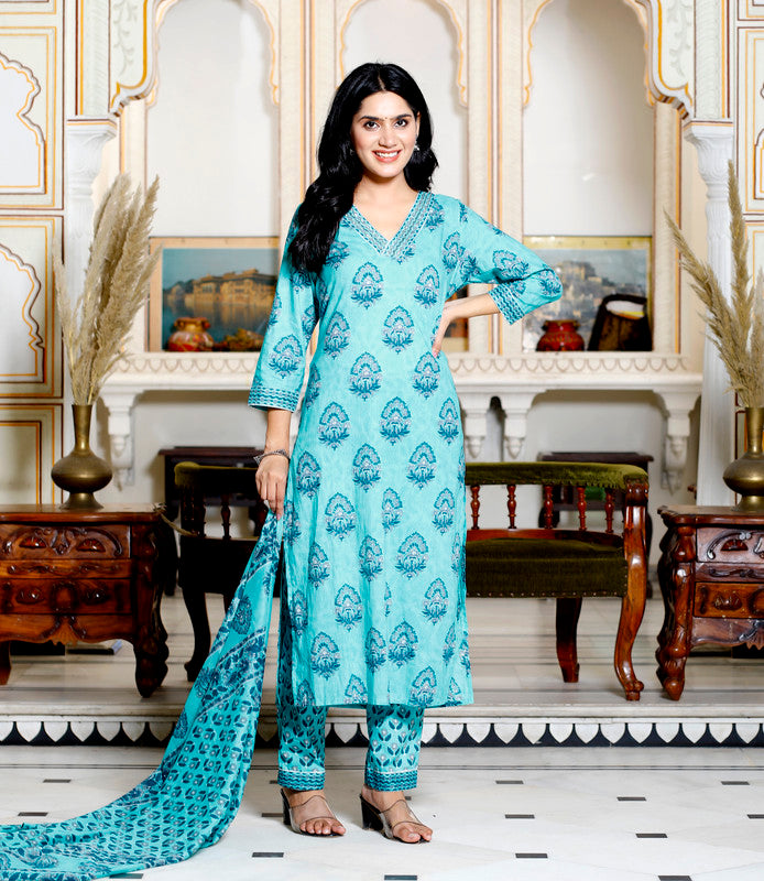 Green Colour Designer Printed Kurta with Pant and Dupatta