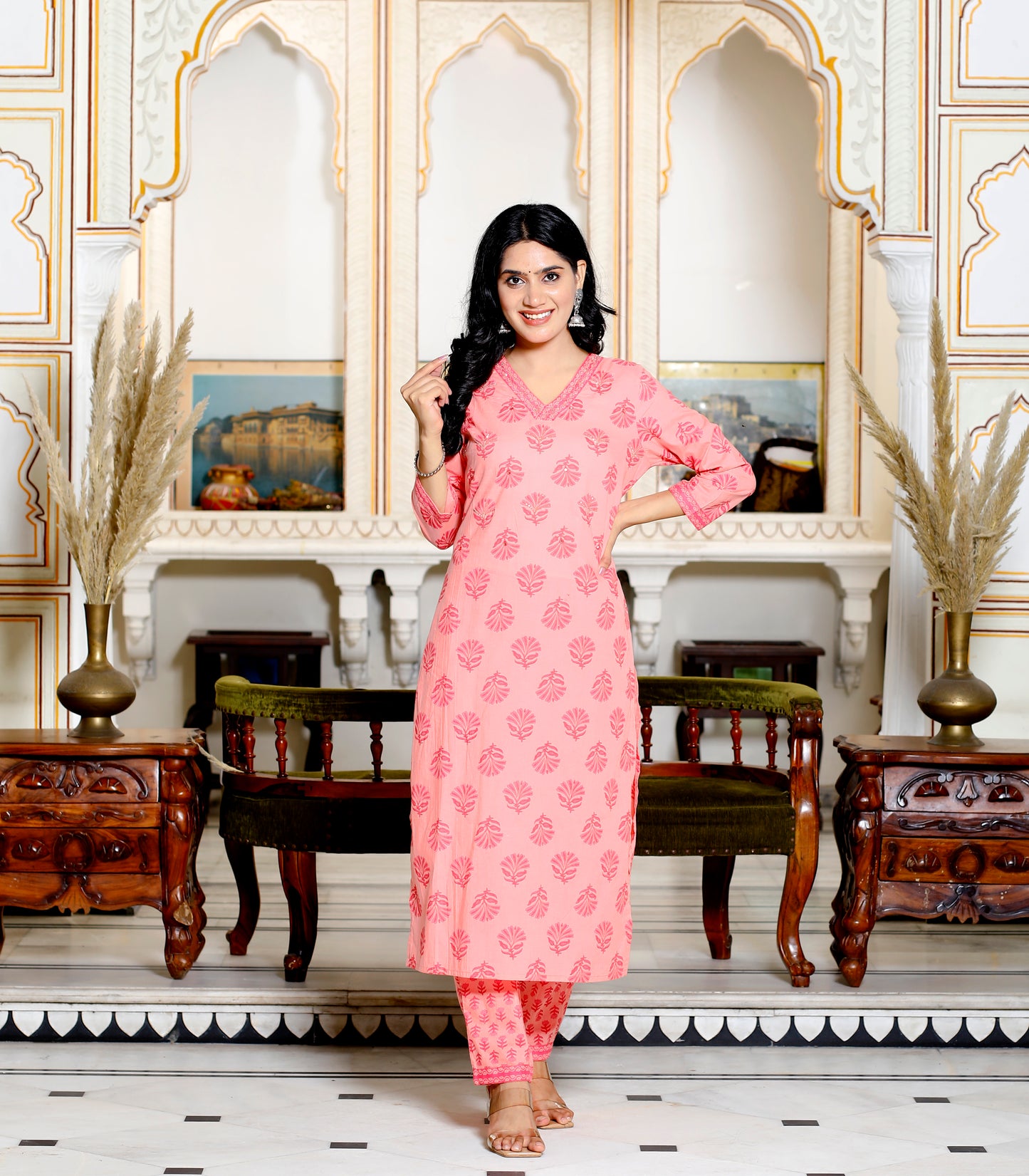 Peach Straight Printed Kurta with Pant and Dupatta