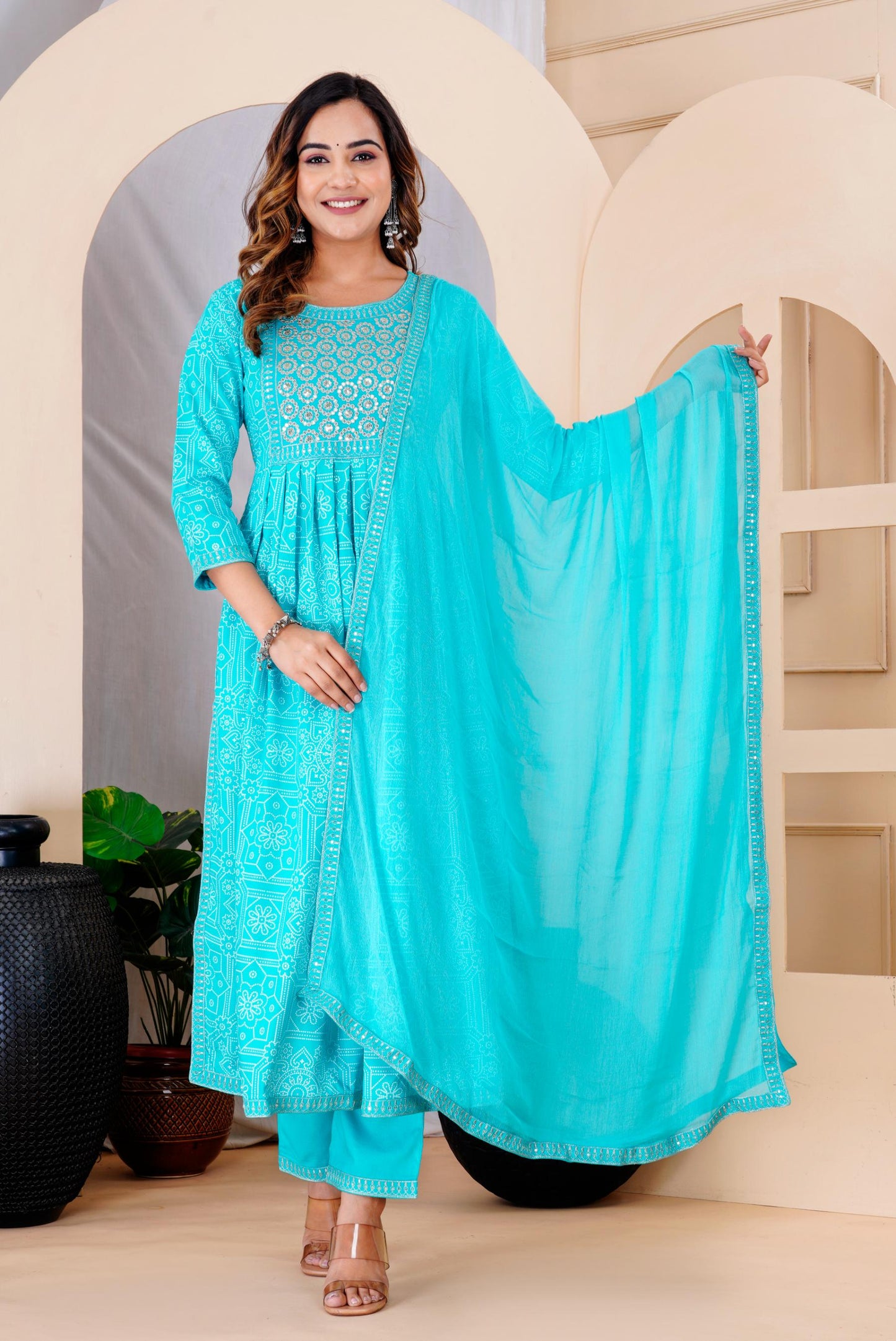 Turquoise Colour Designer Printed Kurta with Pant and Dupatta