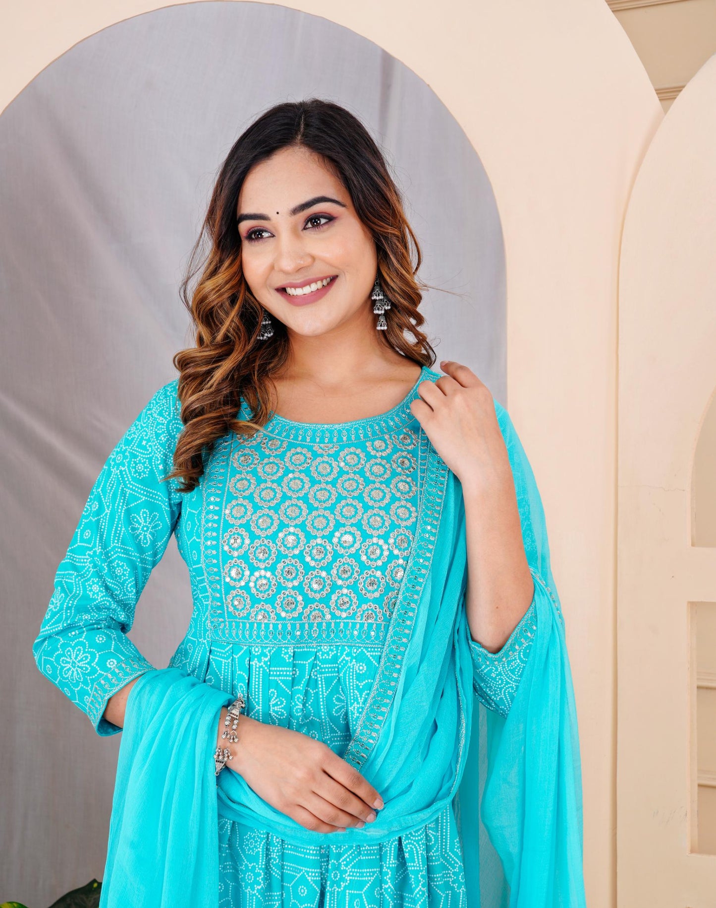 Turquoise Colour Designer Printed Kurta with Pant and Dupatta