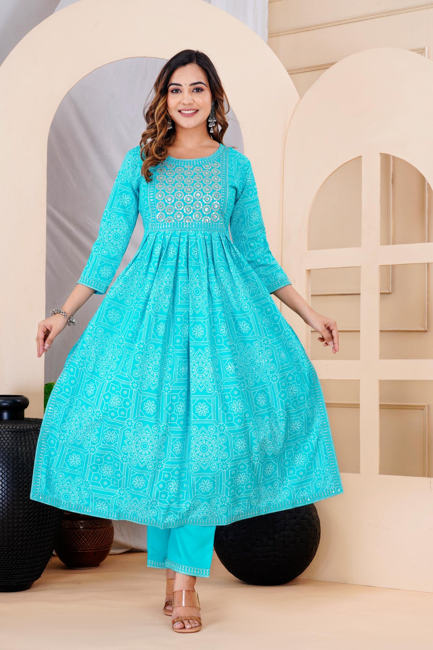 Turquoise Colour Designer Printed Kurta with Pant and Dupatta