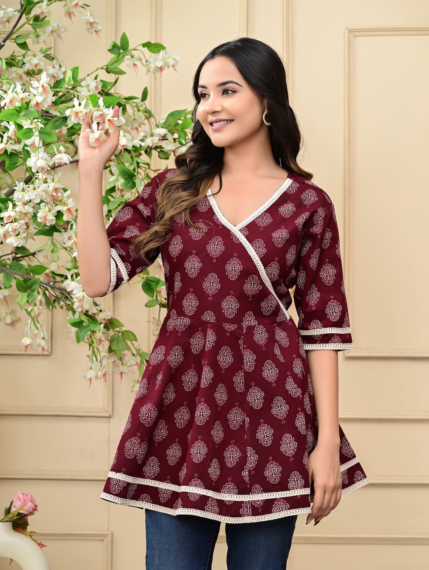 Women's Maroon Wrap Style Printed Cotton Top