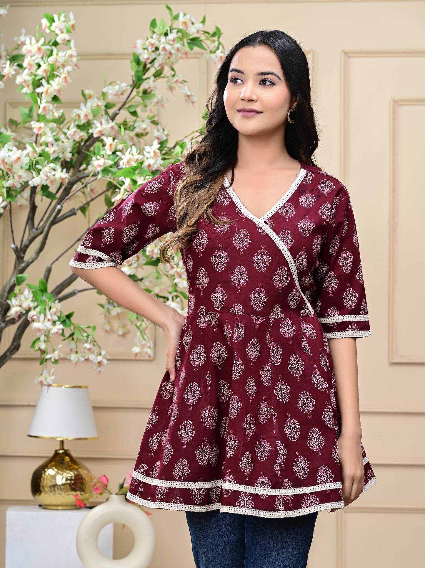 Women's Maroon Wrap Style Printed Cotton Top