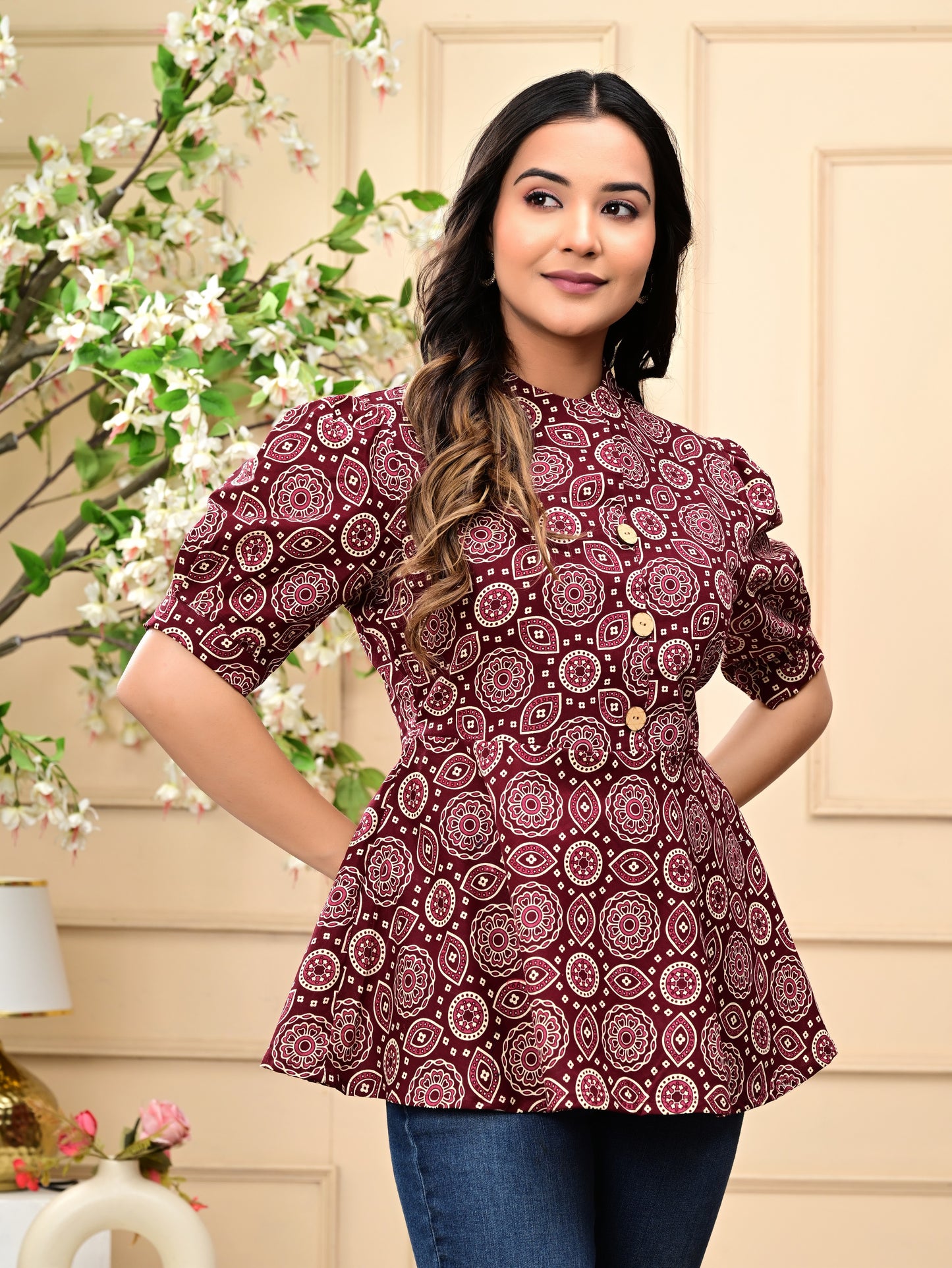 Maroon Fit & Flare Cotton Top with Puff Sleeves and Printed Design