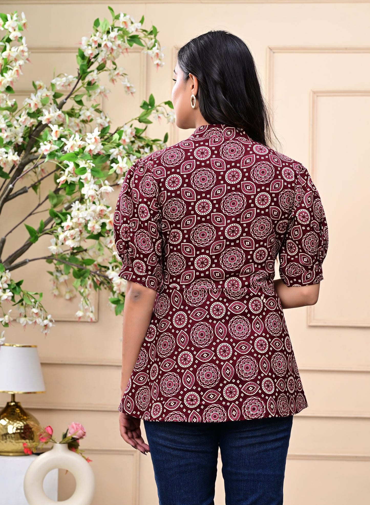 Maroon Fit & Flare Cotton Top with Puff Sleeves and Printed Design