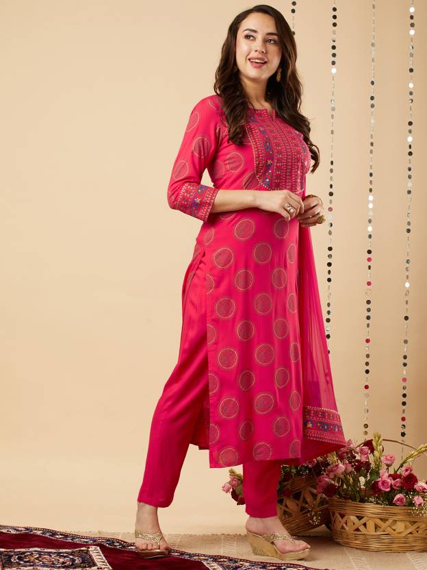 Elegant Rani Pink Embroidered Kurta Set with Dupatta for Women
