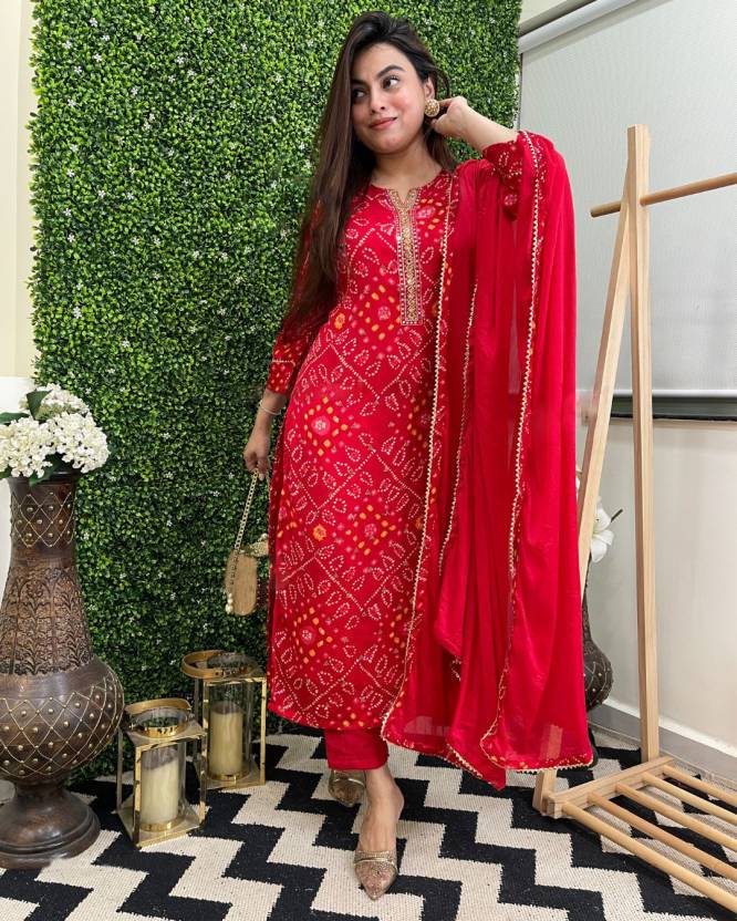 Red Colour Designer Printed Kurta with Pant and Dupatta