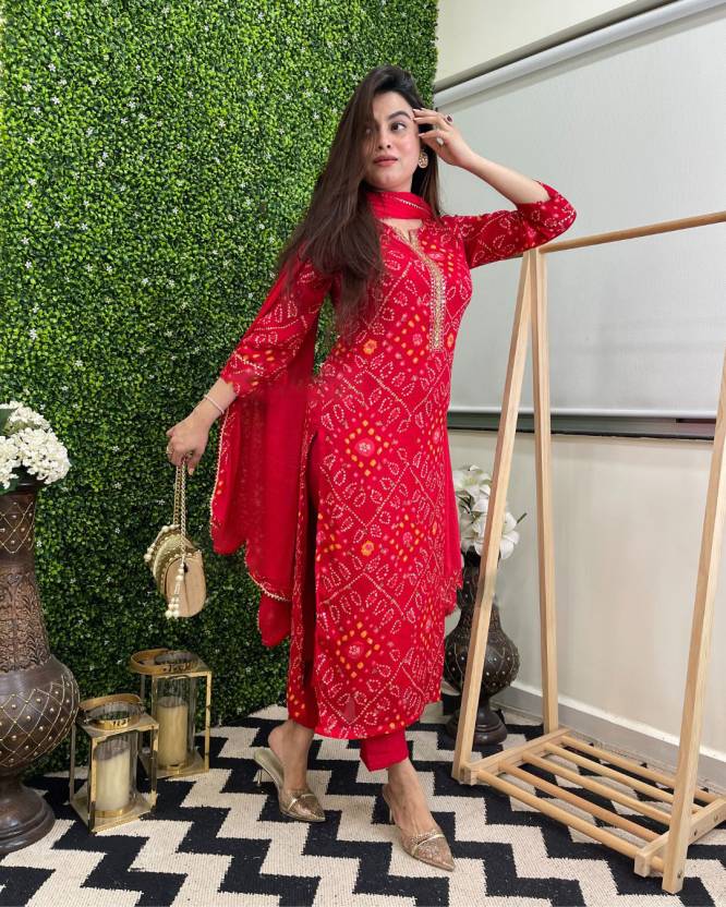 Red Colour Designer Printed Kurta with Pant and Dupatta