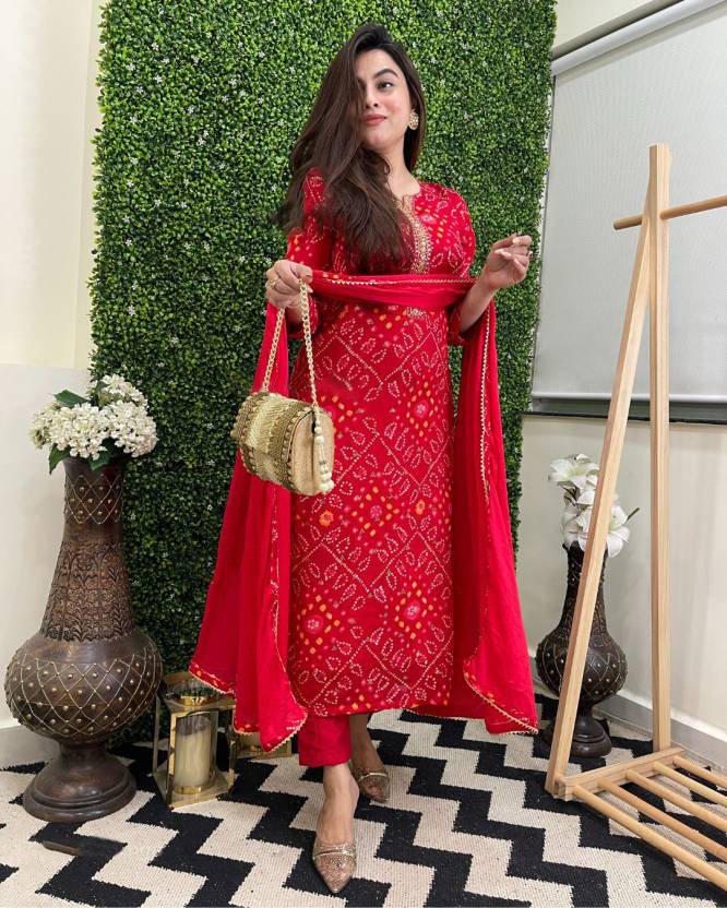 Red Colour Designer Printed Kurta with Pant and Dupatta